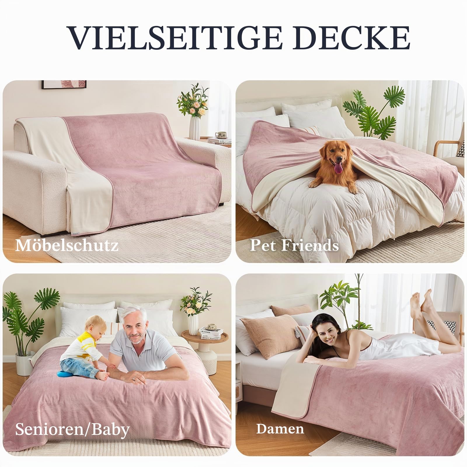 wasserdichte Decke 152x203cm für Erwachsene, umkehrbare wasserdichte Bettdecke für Hunde Katzen Haustiere, weiche leckdichte Decke für Bett Couch Sofa Möbel Schutz, Grau Rosa/Beige Weiß