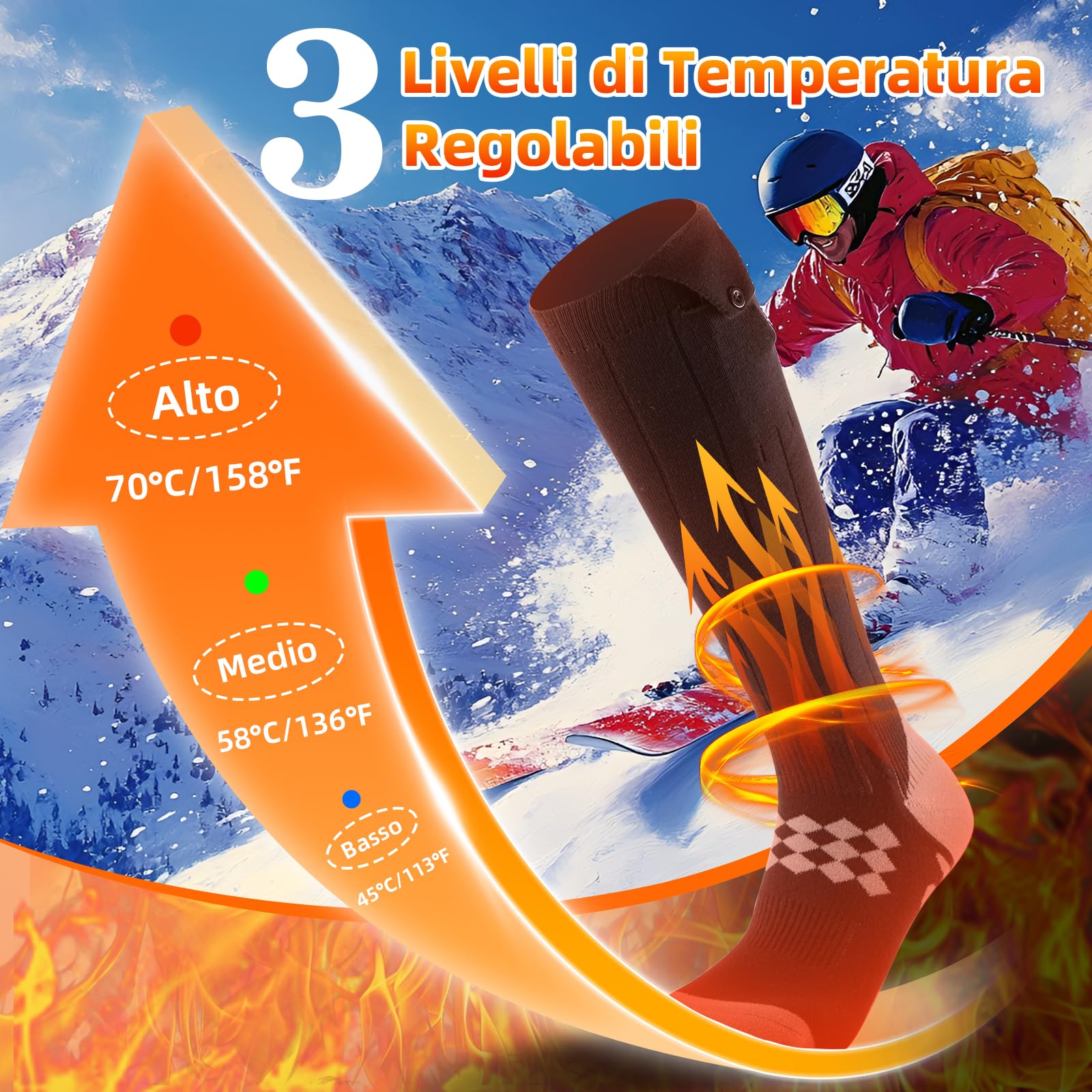 Calze Riscaldate a Batteria ikuchelife, 2 x 7500mAh/5V Max. 14 Ore Inverno Ricaricabili Calzini USB Riscaldati Scaldapiedi Elettrico Calze al ginocchio con 4 Temperature per l'intero Plantare