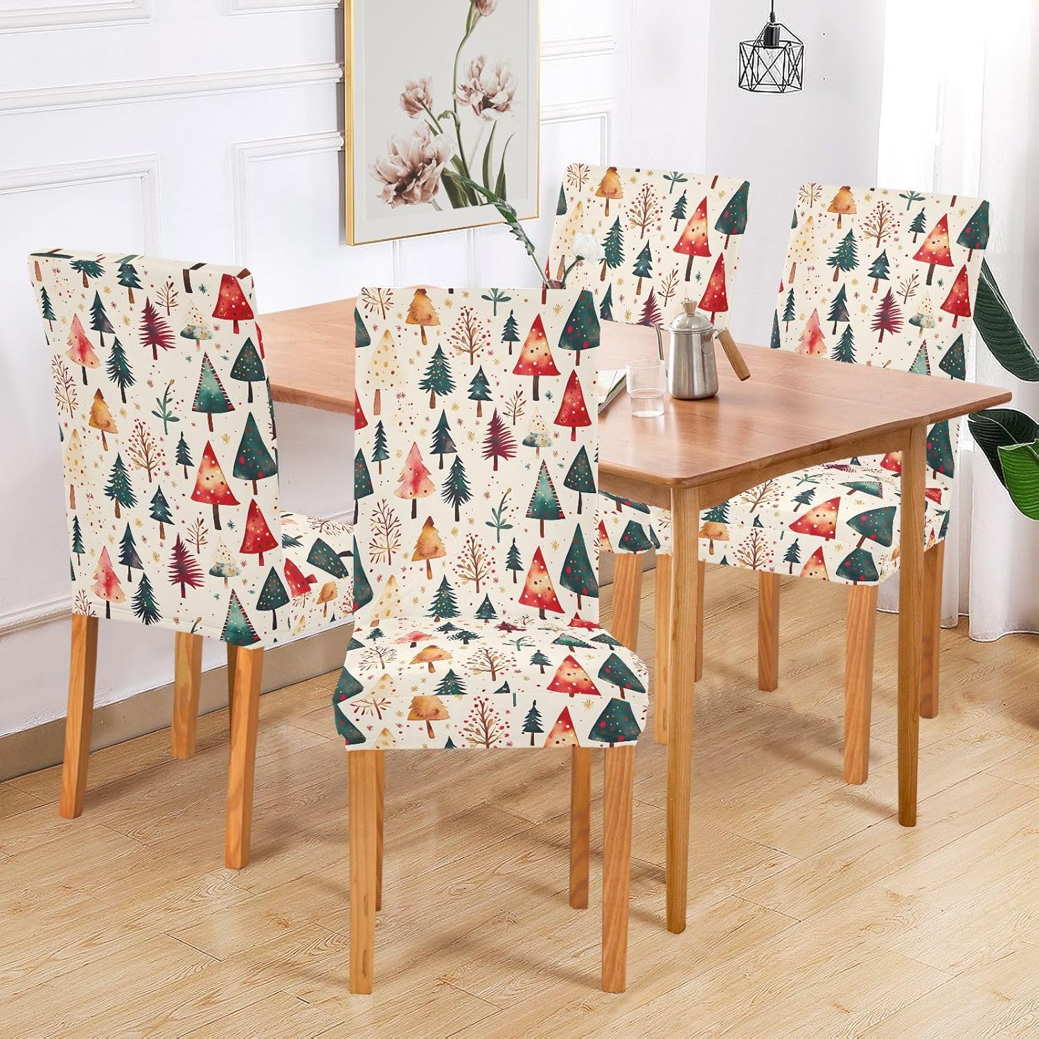 ALAZA Chair Covers for Dining Room, Watercolor Christmas Tree Forest Pattern Stretch Chair Cover Sets Chair Protector Removable Washable for Ktichen Restaurant Hotel