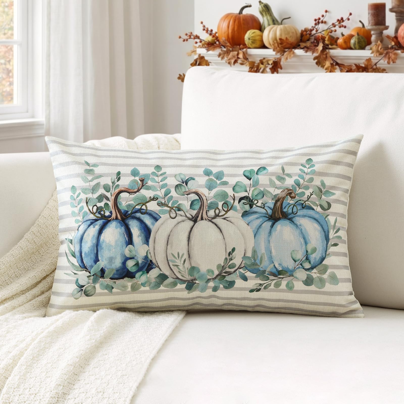 JOTOM Fall Blue Pumpkins Cushion Cover 30x50 cm Eucalyptus Leaves Throw Pillow Cover Autumn Harvest Farmhouse Decorative Striped Pillow Case for Thanksgiving Couch Living Room Bed Sofa Decor
