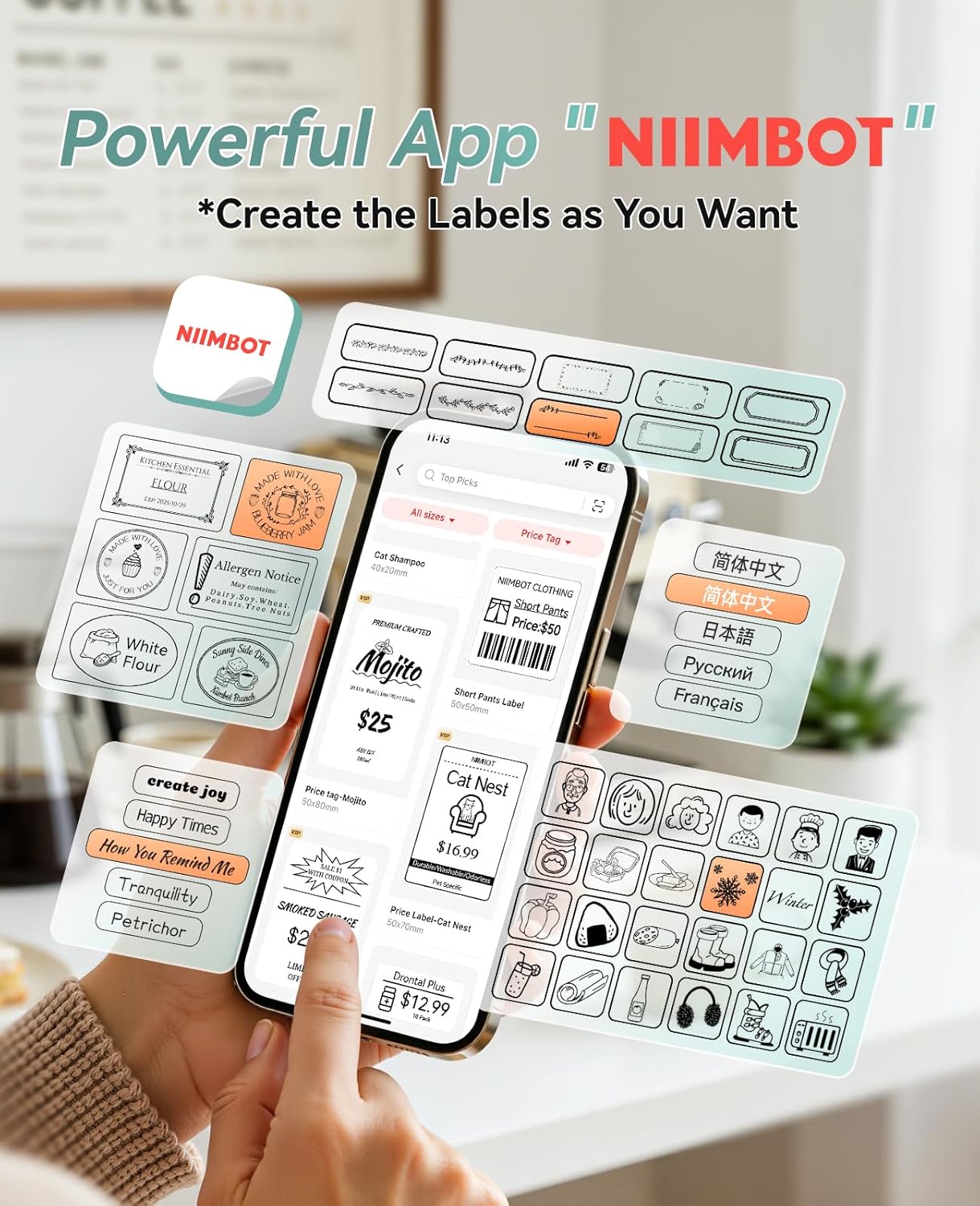 NIIMBOT B2 Label Maker Machine with Tape, Portable Bluetooth 2Inch Label Printer with Multiple Templates, Thermal Labeler for Home Kitchen Office Coffee Shop Bakery Organization, Gray White