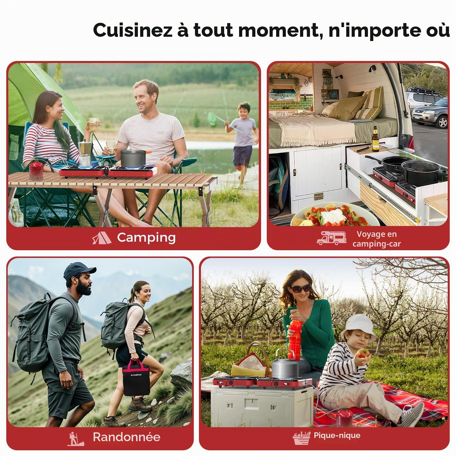 CAMPLUX FoldGo Réchaud de Camping à 2 Brûleurs, Réchaud à Gaz Portable, Compatible avec Cartouches de Gaz Standard, 28-30 mbar, Idéal pour le Camping, la Randonnée et les Pique-niques
