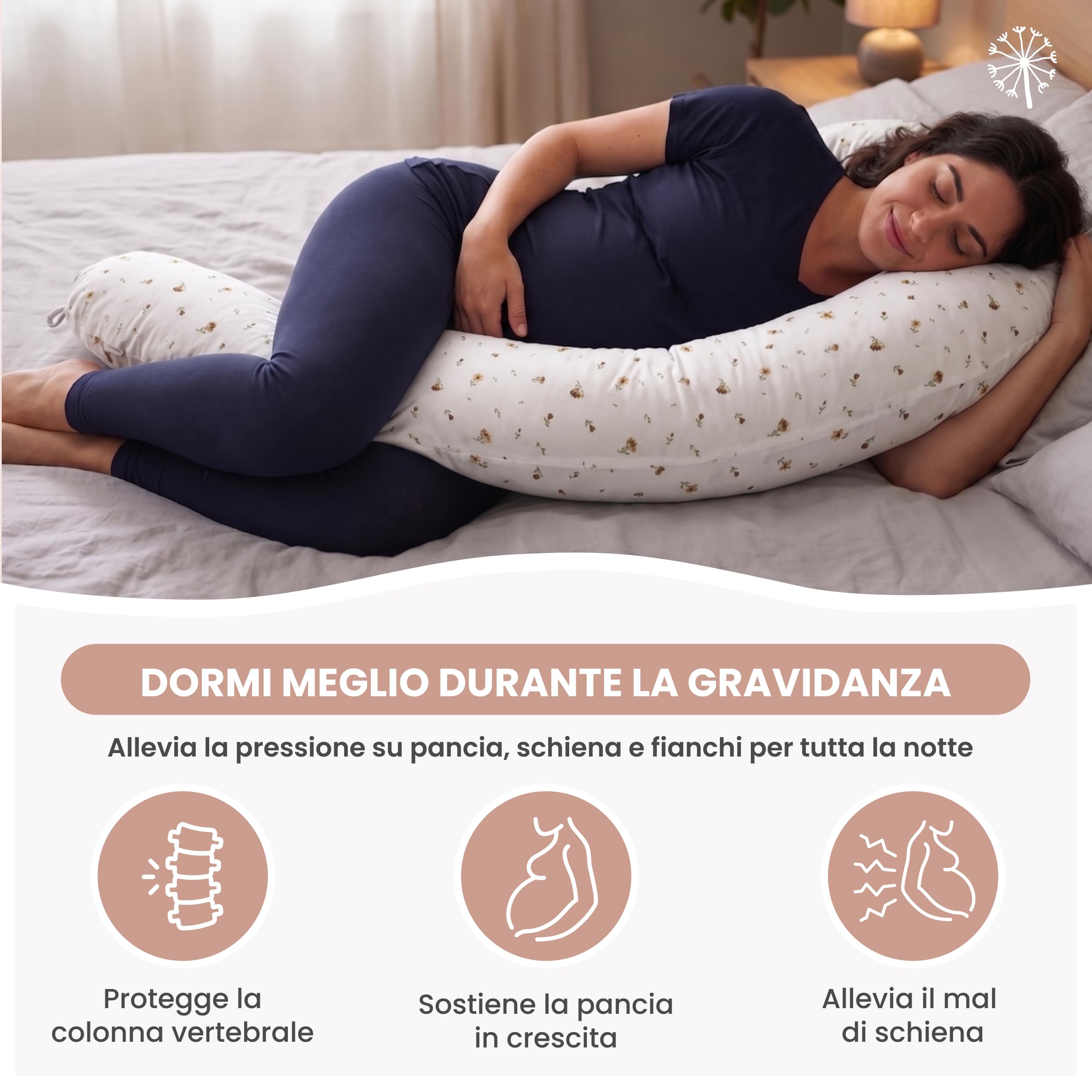 MIMUSELINA Cuscino Allattamento e Gravidanza 100% Cotone | Extra Grande e Morbido 200 x 70 cm | Cuscino Gravidanza, Allattamento e Nido Neonato | Fodera Sfoderabile e Lavabile | Bianco con Fiori