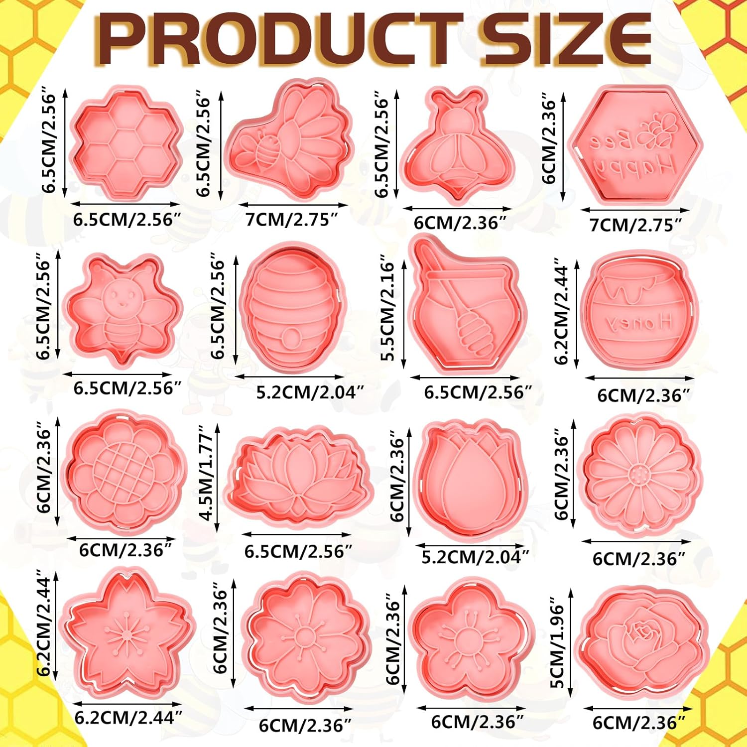 BENBO 16PCS Bee Flower Cookie Cutters With Plunger Stamps, Mini Bee Honeycomb Cookie Fondant Stamper Spring Floral Shapes 3D Cookie Stamps Plastic Biscuit Mould Press Flower Embossing Cutter - Image 2