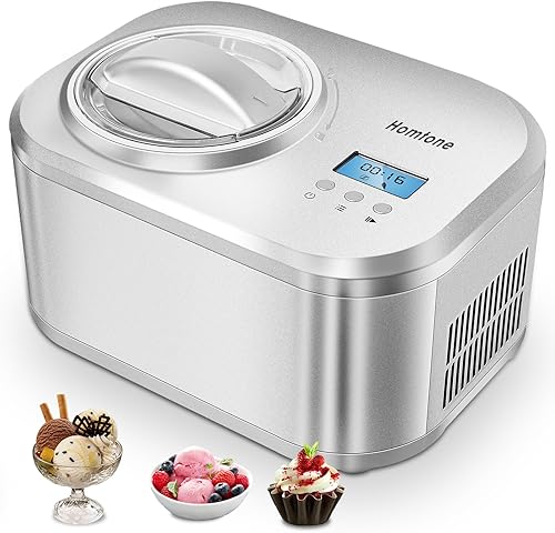 Homtone Máquina automática de helados de 1 cuarto de galón, sin precongelación con compresor integrado y temporizador LCD para hacer helado, gelato,