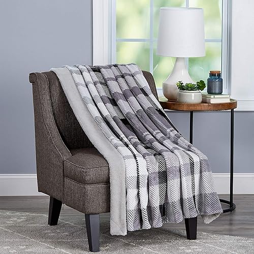 Lavish Home Manta Manta de felpa tejida de poliéster Sherpa a cuadros transpirable y lavable a máquina en color fantasma