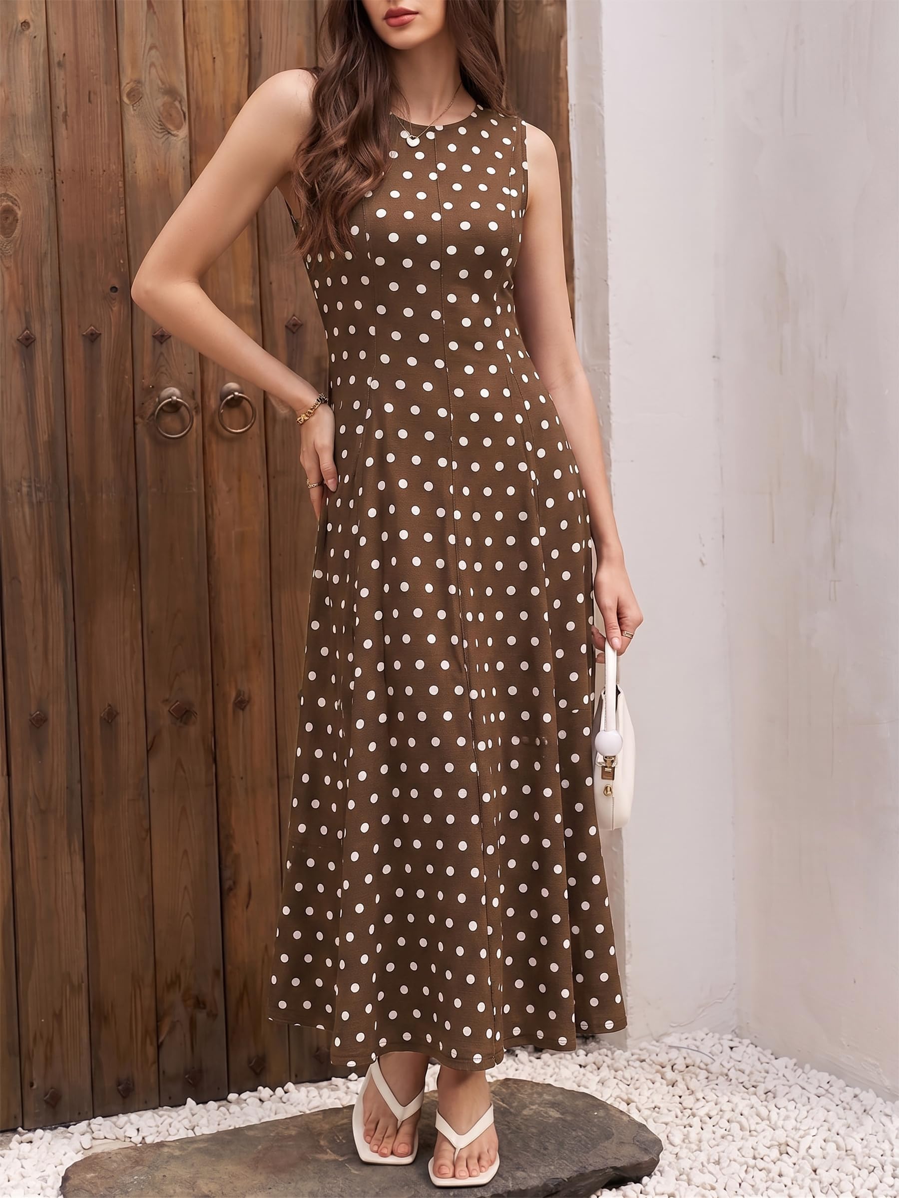 Abito estivo da donna a pois, senza maniche, scollo rotondo, a vita alta, elegante, vintage, rockabilly, per feste