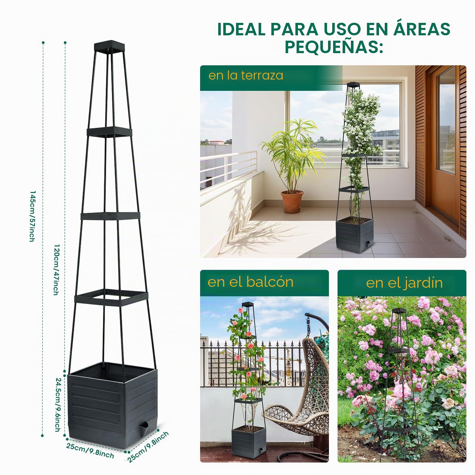 MYMULIKE Obelisco con macetero, 2 unidades de ayuda para enredaderas de tomates, 150 cm, con macetero, soporte para plantas, altura ajustable, 25 x 25 x 150 cm (2, gris)
