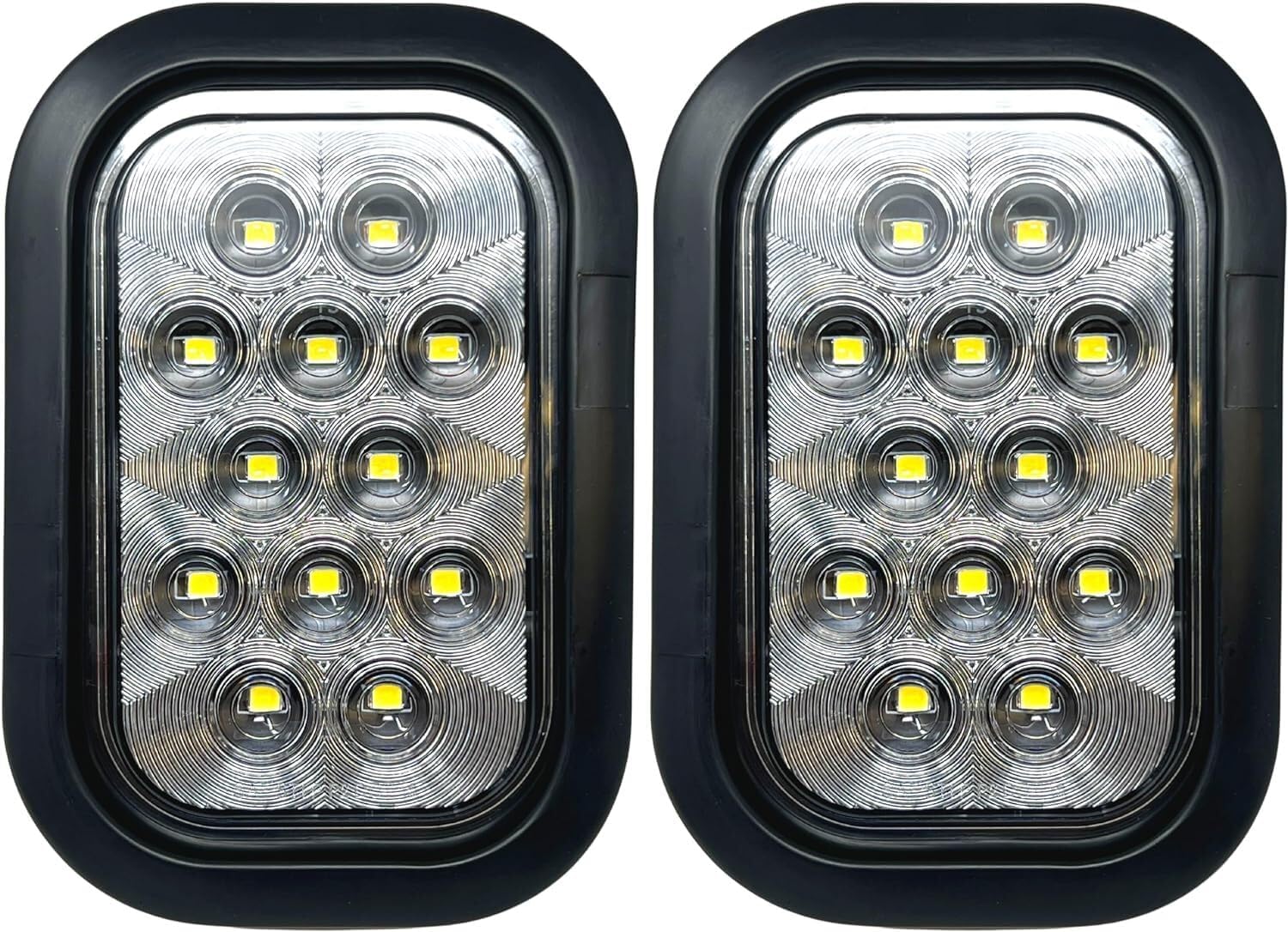 All Star Truck Parts 5x3 2x White Rectangle 12 LED Backup/Reverse/Tail Light Tow Truck Semi Trailer CM Flatbed Reading Postal Hitch Mounted RV Bus Grommet 3 Wire Pigtail Plug Kit 12V IP67 Waterproof
