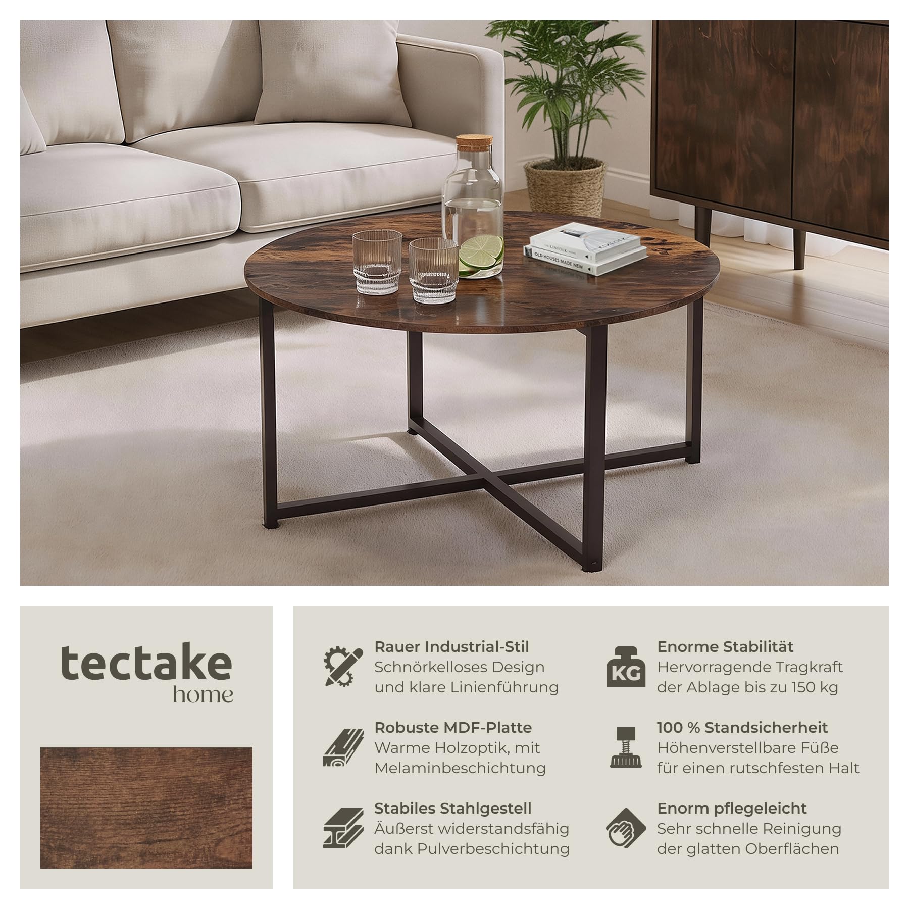 tectake® Couchtisch rund Holz und Metall, Beistelltisch rund, runder Tisch Wohnzimmer, Sofatisch, Wohnzimmertisch, Coffee Table Ø 88,5 cm, einfache Montage - Industrial Holz dunkel, rustikal
