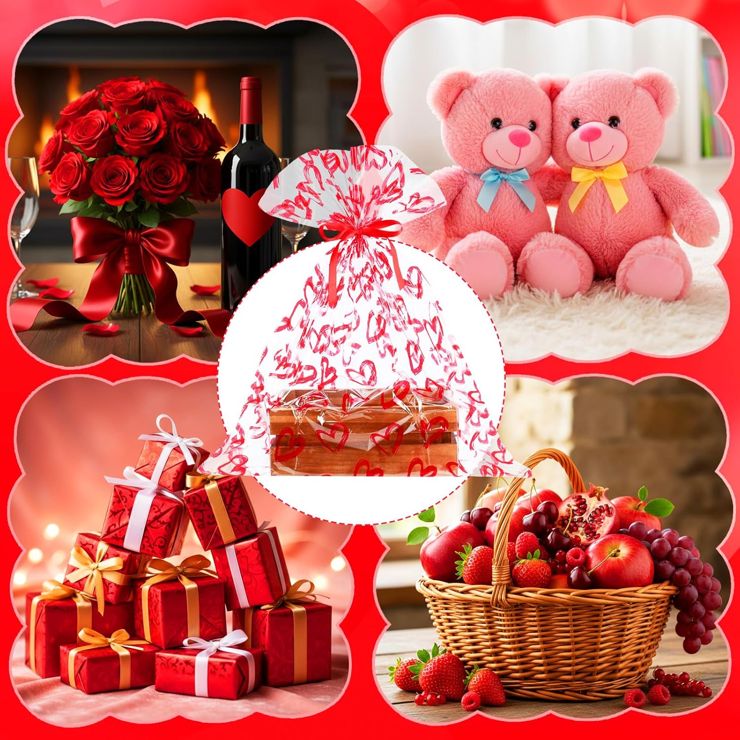 Tenceur 60 Pcs Giant Valentine's Day Heart Clear Cellophane Gift Bags with Red Ribbons - Large 25.6 × 31.5 Inches Valentine's Day Plastic Basket Wrapping for Gifts, Crafts, Dolls, and Toys