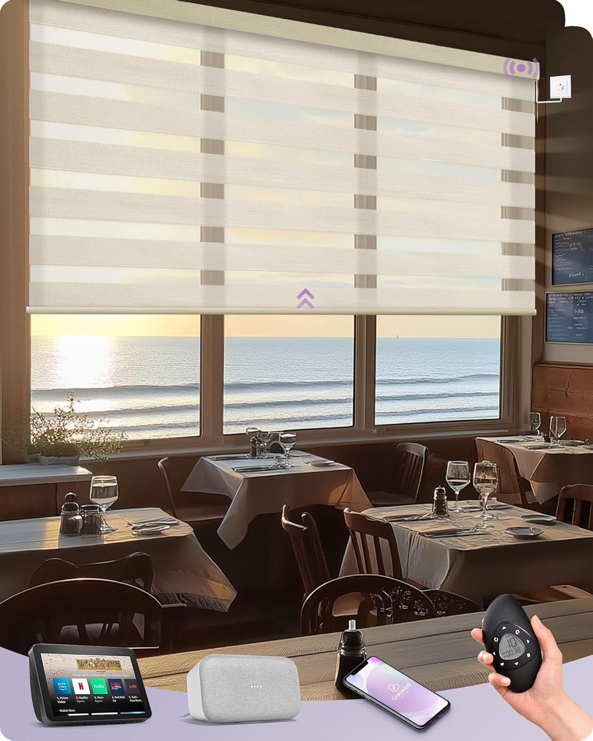 Graywind Smart Zebra Blinds for Windows Compatible with Alexa Google Fire Retardant Hardwired Motorized Zebra Shades for Offices Businesses, Custom Size (Twill Beige)