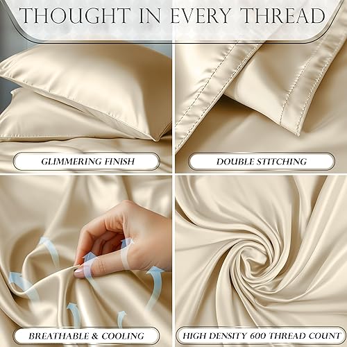 Miniatura 3 de DECOLURE Juego de sábanas de satén tamaño Queen, 4 piezas, sábanas de tacto de seda genuina y lujosa, tamaño Queen con bolsillo profundo, elegantes