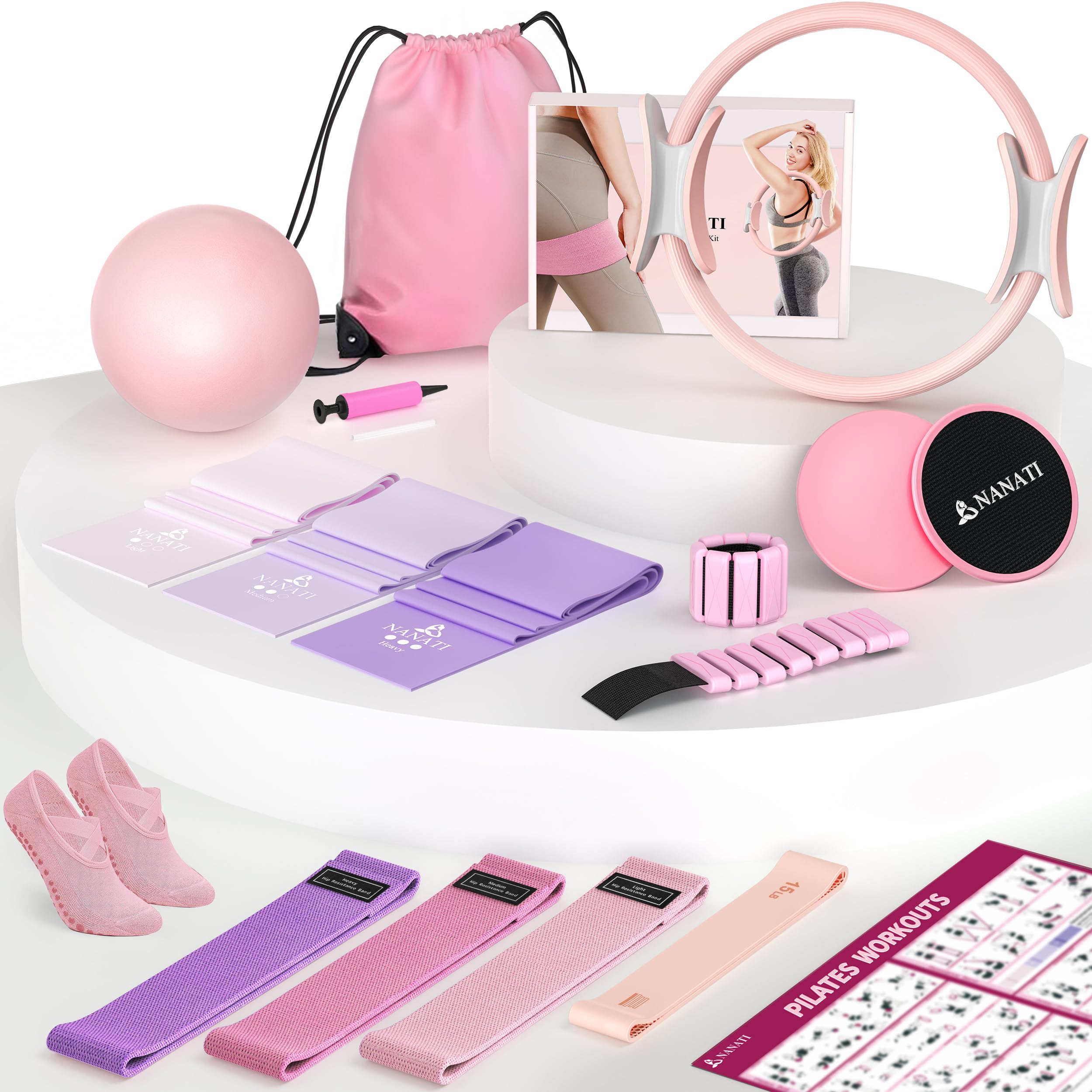 NANATI Kit de pilates 18 pièces, kit essentiel de pilates pour femmes à domicile, équipement de pilates avec anneau et balle de pilates de 36,8 cm, 7 bandes de résistance, poids de cheville, curseurs
