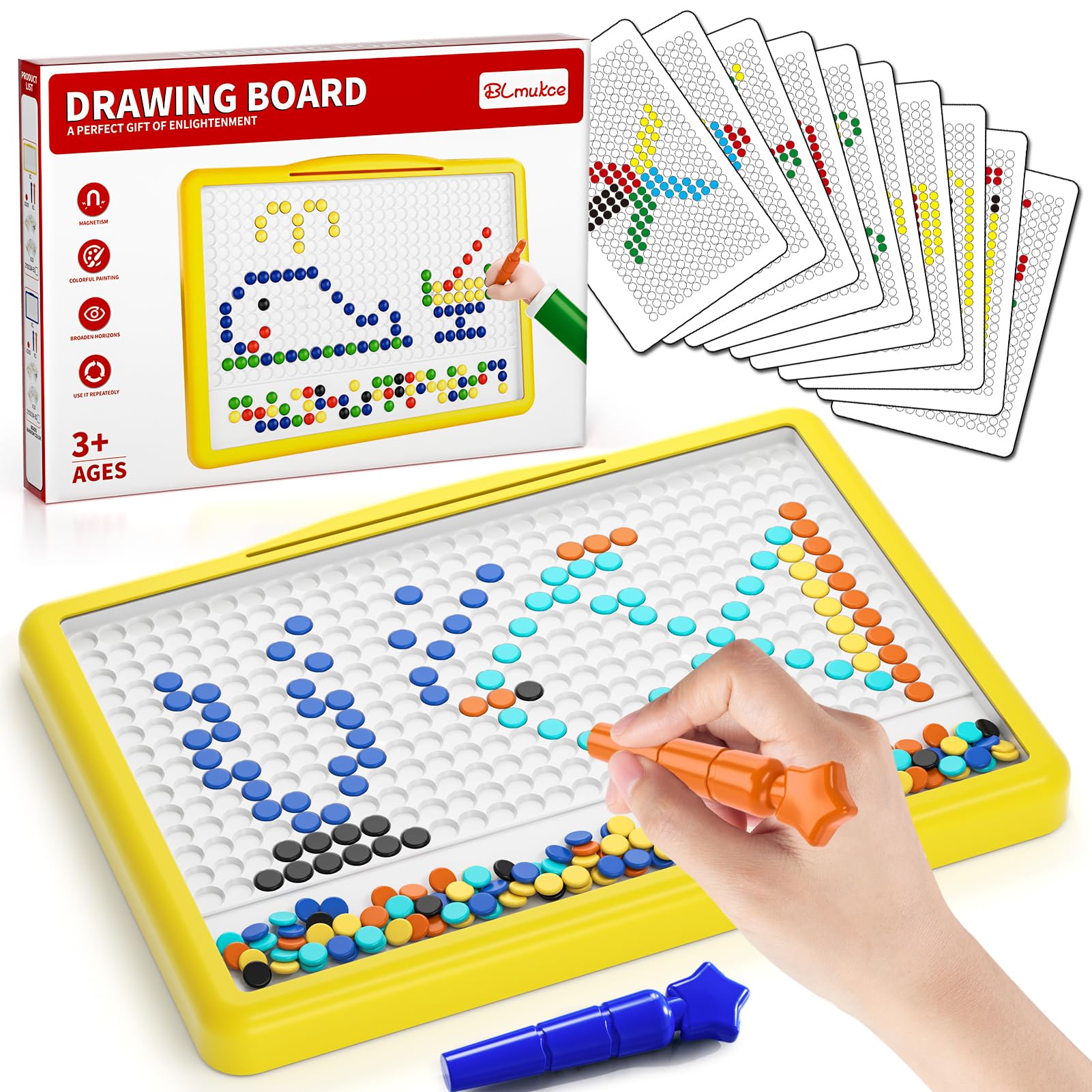 BLmukce Large Magnetic Drawing Board for Kids, Toddler Doodle Board with 200 Beads, 2 Pens & 20 Pattern Booklets, Montessori Dot Art Travel Toy, Educational Preschool Toys for 4 5 6 Years (Yellow)