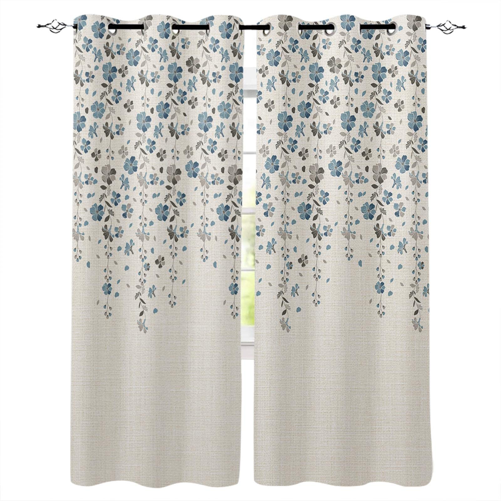 Bleu Gris Fleur Coton Lin Moderne Salon Cuisine fenêtre s Maison Chambre Enfants Chambre décorative s WxL-229x117cm(90x46in) x2