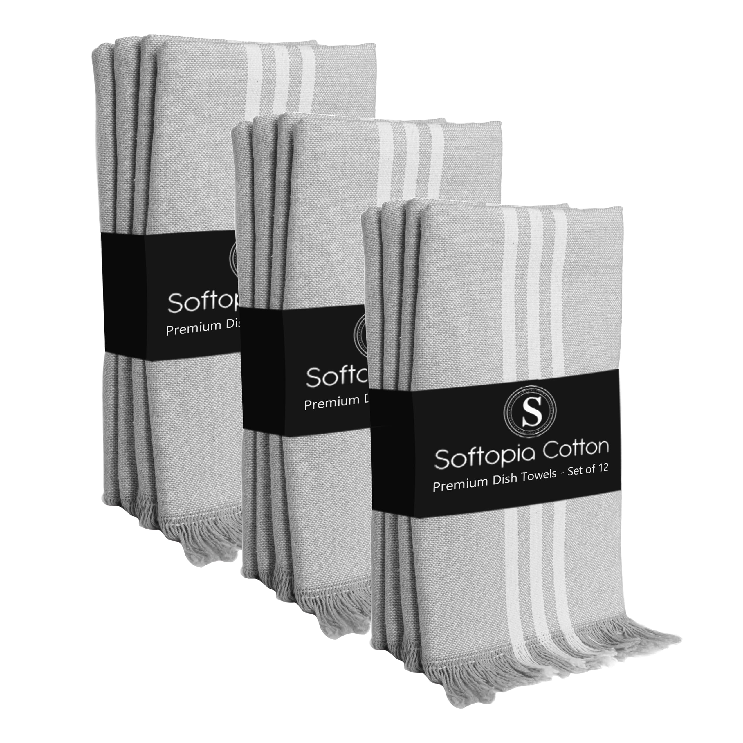 Prewashed Stripe Kitchen Towels 12 Pack, 100% Cotton Tea Towels, 16"x26" Quick Dry Dish Cloths for Drying, Reusable Wash Cloths for Cleaning, Absorbent and Washable - Light Grey