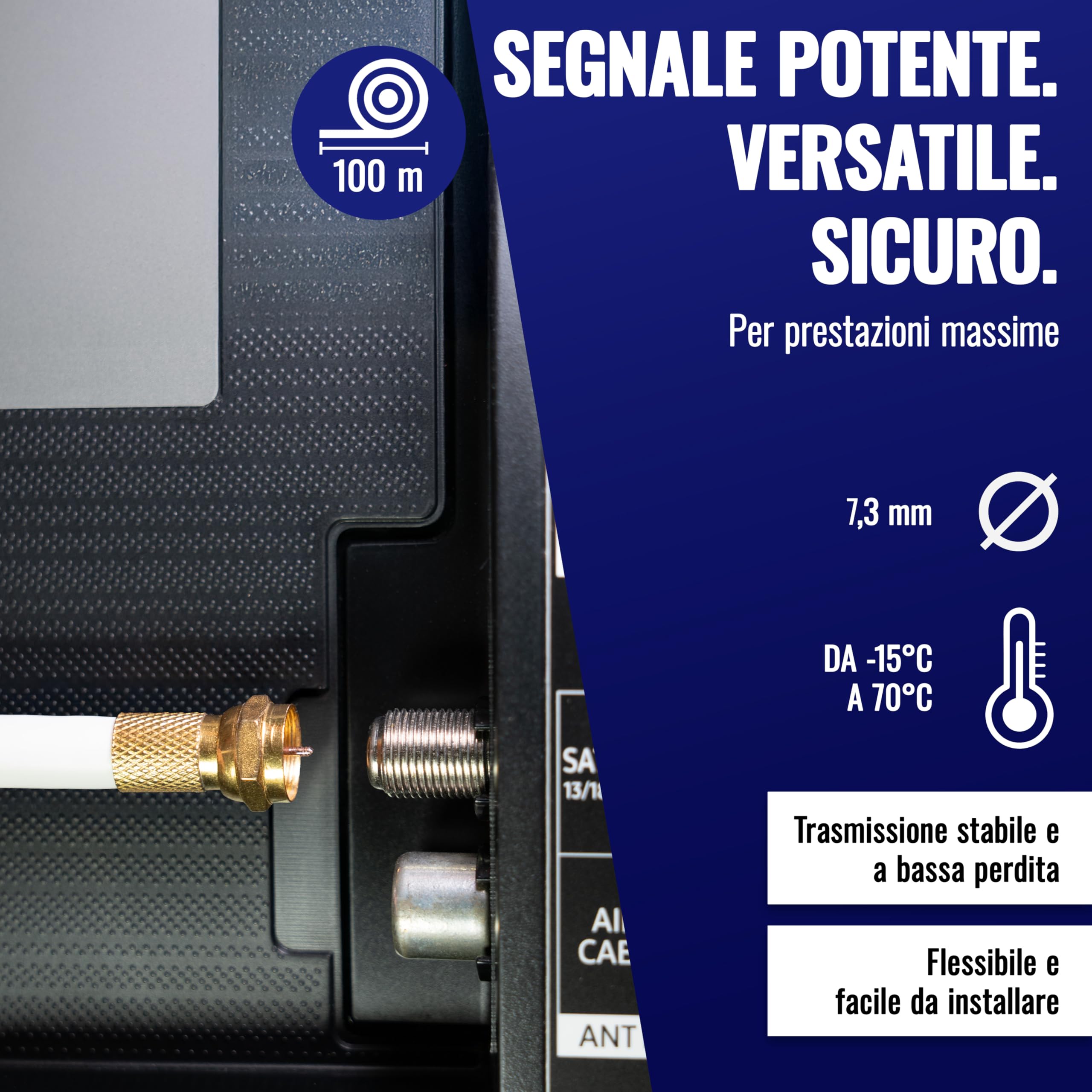 POPPSTAR Cavo coassiale da 100m (RG6, diametro 7,3 mm, guaina in PVC bianco, conduttore interno), con connettori F