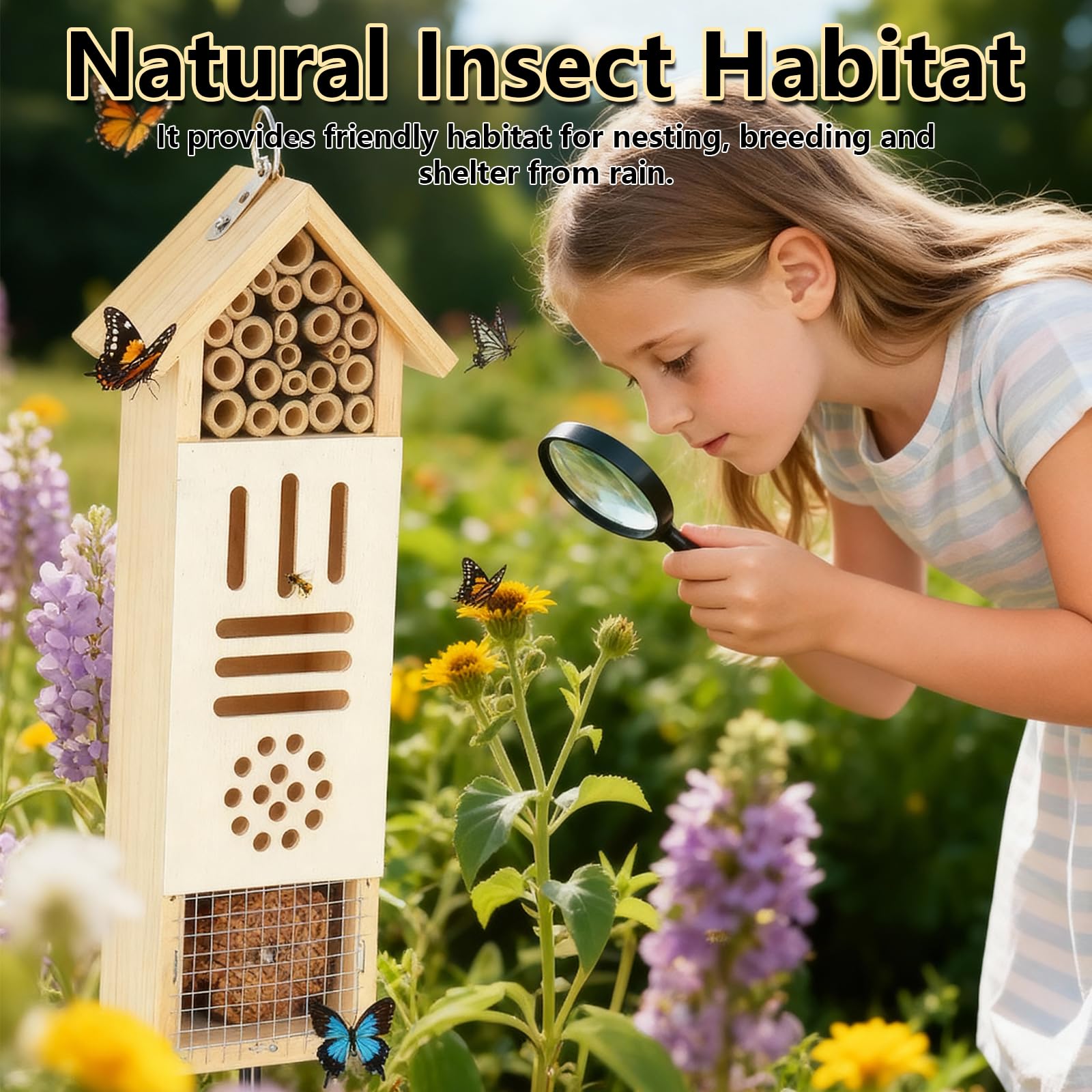 Drewniany domek dla owadów, domek dla pszczół z metalowym palikiem do ogrodu, naturalne siedlisko Ladbugs i hotel z motylem na ziemi lub wiszący na ścianie drzewa (sosna, 9 x 6 x 30 cm, słupek o