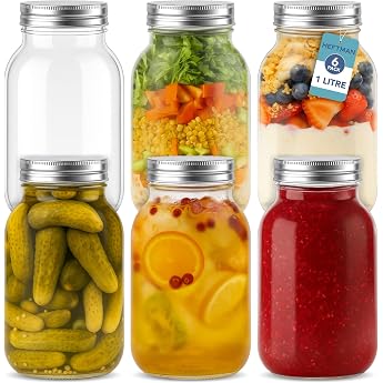 HEFTMAN Preserving Jars with Screw Lids 1 Litre - 6 Airtight Overnight Oats Jars for Homemade Jam - Large Jars with Lids Mason Jar Sourdough Glass Meal Prep Glass