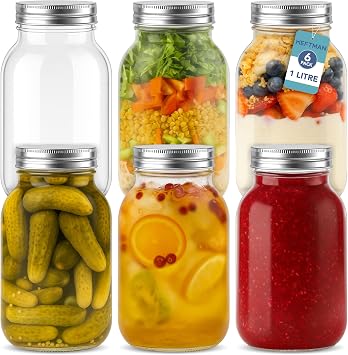HEFTMAN Glass Mason Jars with Lids 1L - Set of 6 Large Air Tight Jars for Overnight Oats, Homemade Jam, Food Storage, Meal Prep, Pickling, Preserving - Mason Jar 6 PCS 1 Litre