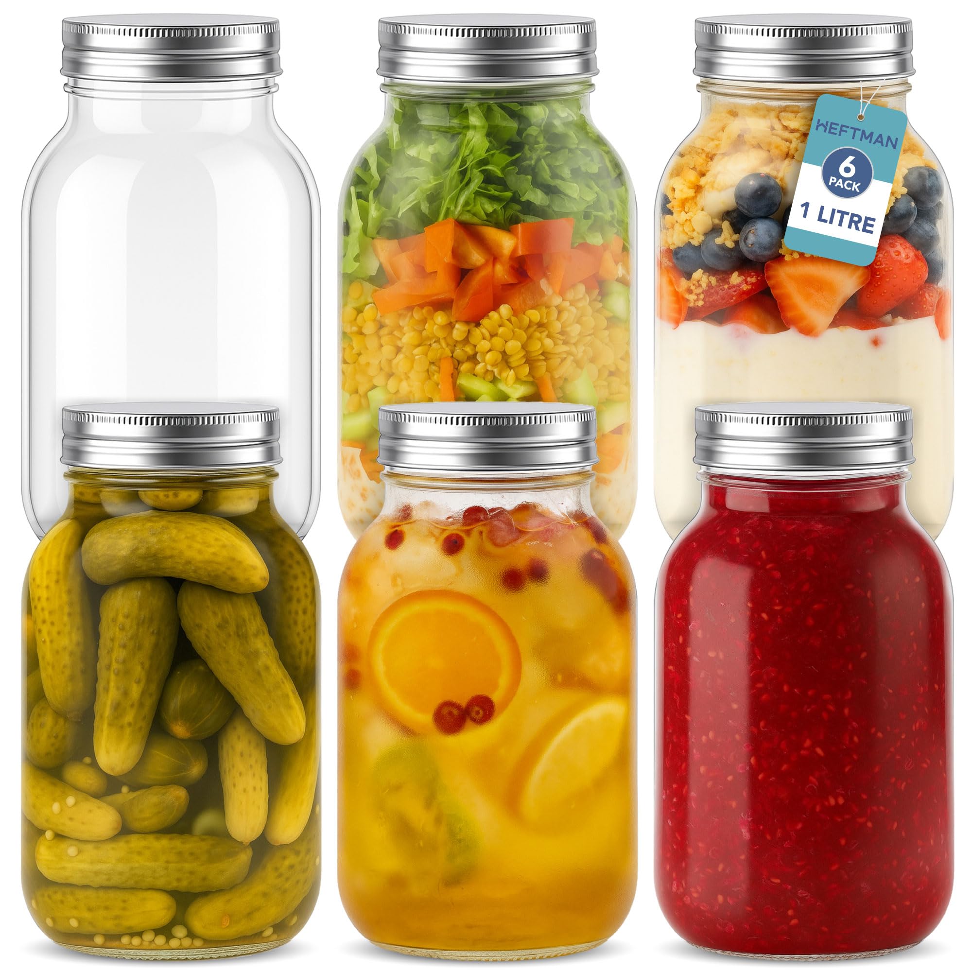 HEFTMAN Glass Mason Jars with Lids 1L - Set of 6 Large Air Tight Jars for Overnight Oats, Homemade Jam, Food Storage, Meal Prep, Pickling, Preserving - Mason Jar 6 PCS (1 Litre)