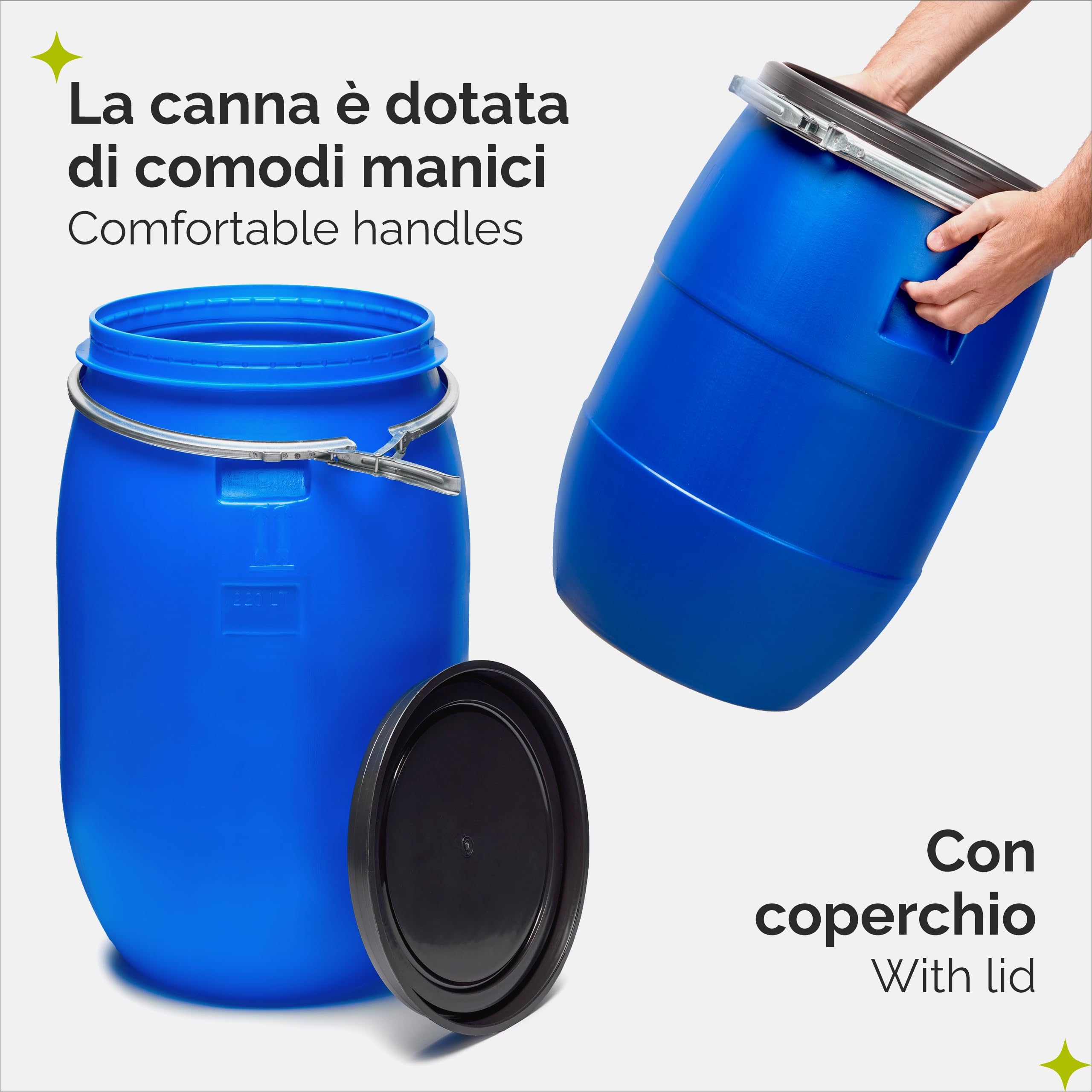 Garronda Set da 2 pezzi da 220 litri, Tanica di plastica realizzata in HDPE alimentare, adatta come serbatoio acqua, per il giardino, contenitore per alimenti e serbatoio universale GD-0078