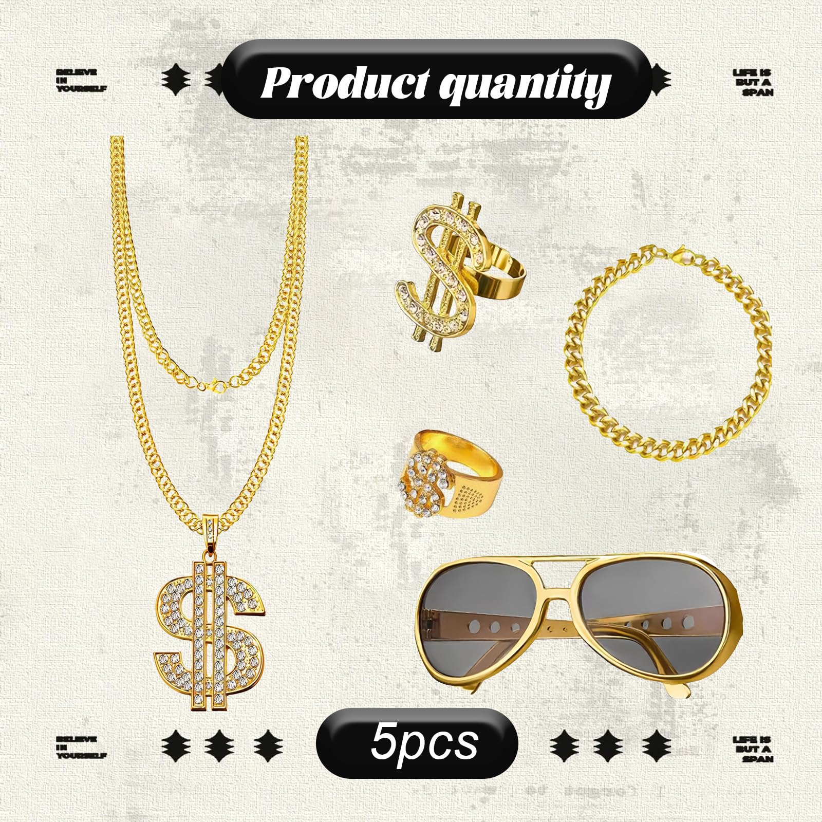 5 Pcs Hip Hop Costume Set,80s Fancy Dress Men and 90s Gold Chain Fancy Dress Accessories,Party Rings,Fake Gold Bracelet,Fake Dollar Sign Necklace for Men and Women,Rapper Masquerade Accessories - Image 2