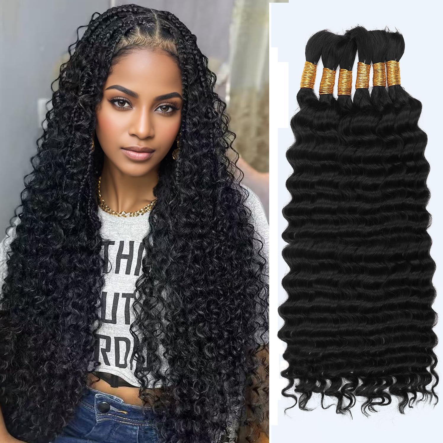Human Braiding Hair for Boho Braids,150g 22 inch 6 Bundles Deep water Wave Bulk Boho Curly Human Hair for Braiding,Natural Color No Weft 12A Wet and