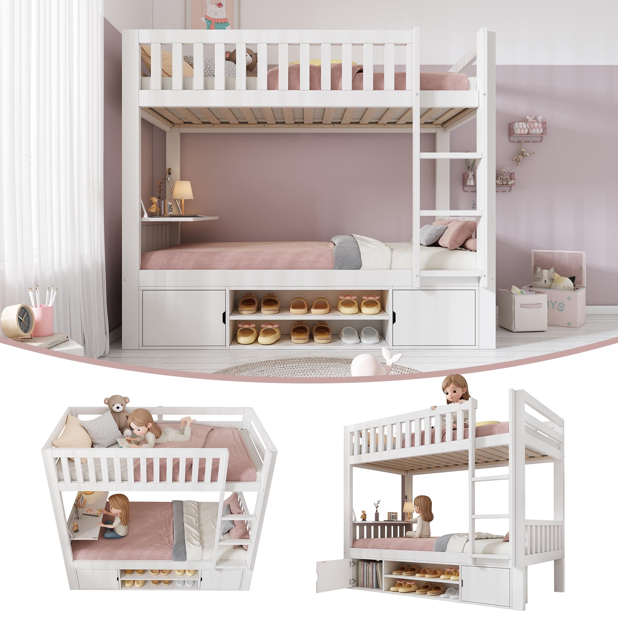 Litera de Estilo Moderno como Cama Alta o Loft Bed con Superior e Inferior de 90x200 cmen Estructura de Madera Maciza con Mesa Plegable, Zapatero y Armarios para Hogar