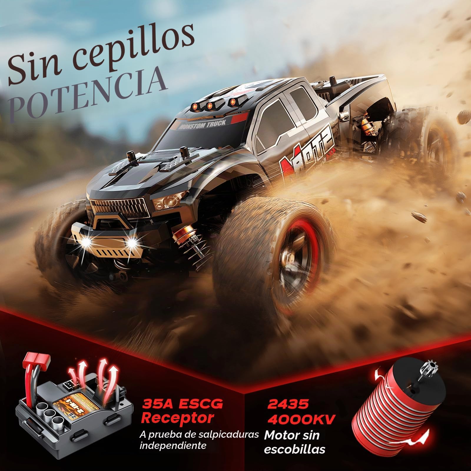Coche teledirigido 1:18 Brushless 4x4 para Adultos, transmisión metálica, 52 km/h, 2 baterías 1500mAh, Coche RC Todoterreno con Kit de repuestos, Coche radiocontrol
