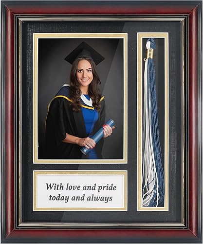 Marco de caja de sombra de fotos de graduación con soporte de borla para fotos de 5 x 7, vidrio real de madera maciza, doble paspartú negro sobre