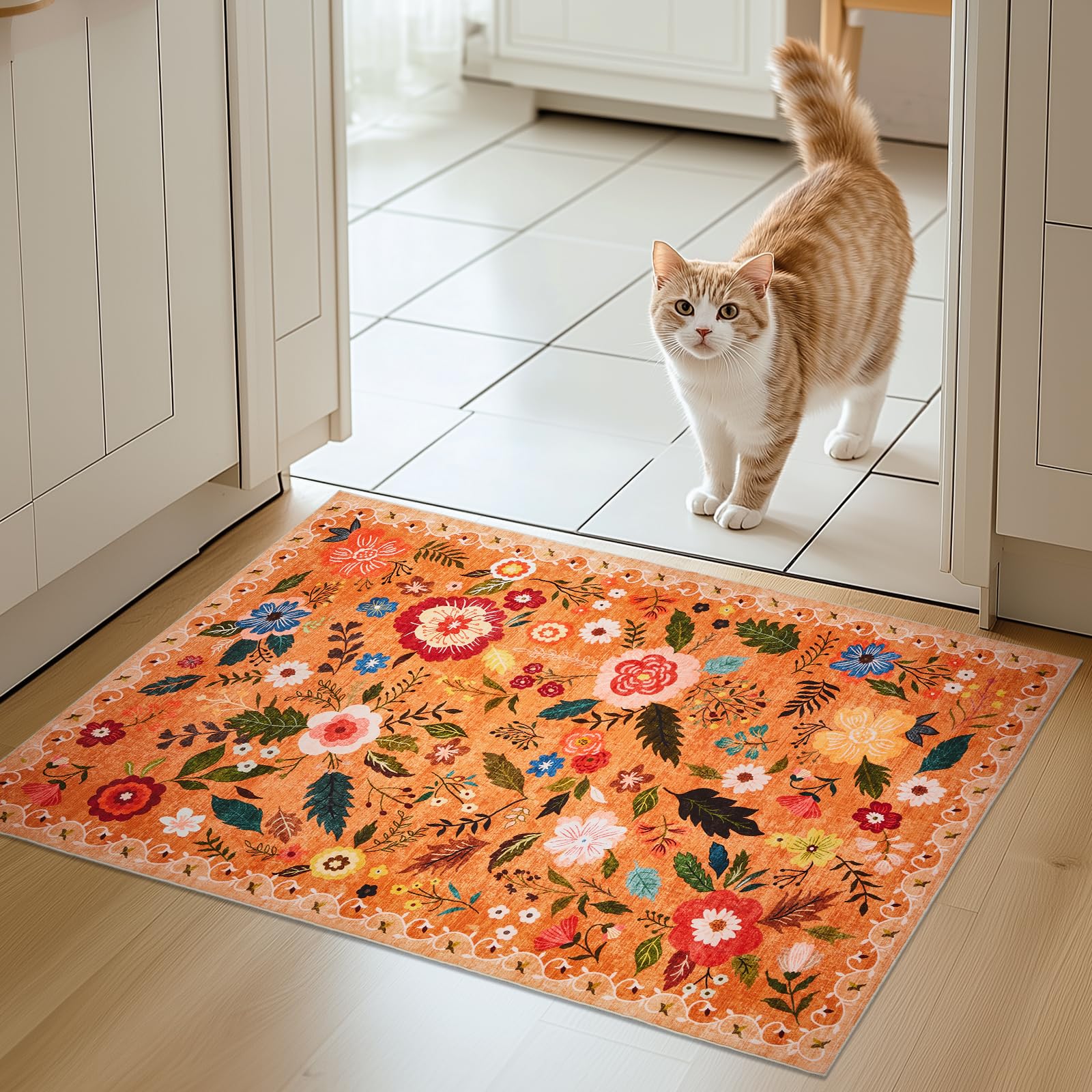 Puremy Door Mats Indoor, Washable Soft Doormats, Small Floral Printed Entrance Mat Ultra Thin Boho Low-Pile Entry Rug for Bedroom Kitchen Hallway Kids Room Laundry, 66x100cm, Orange — image 1