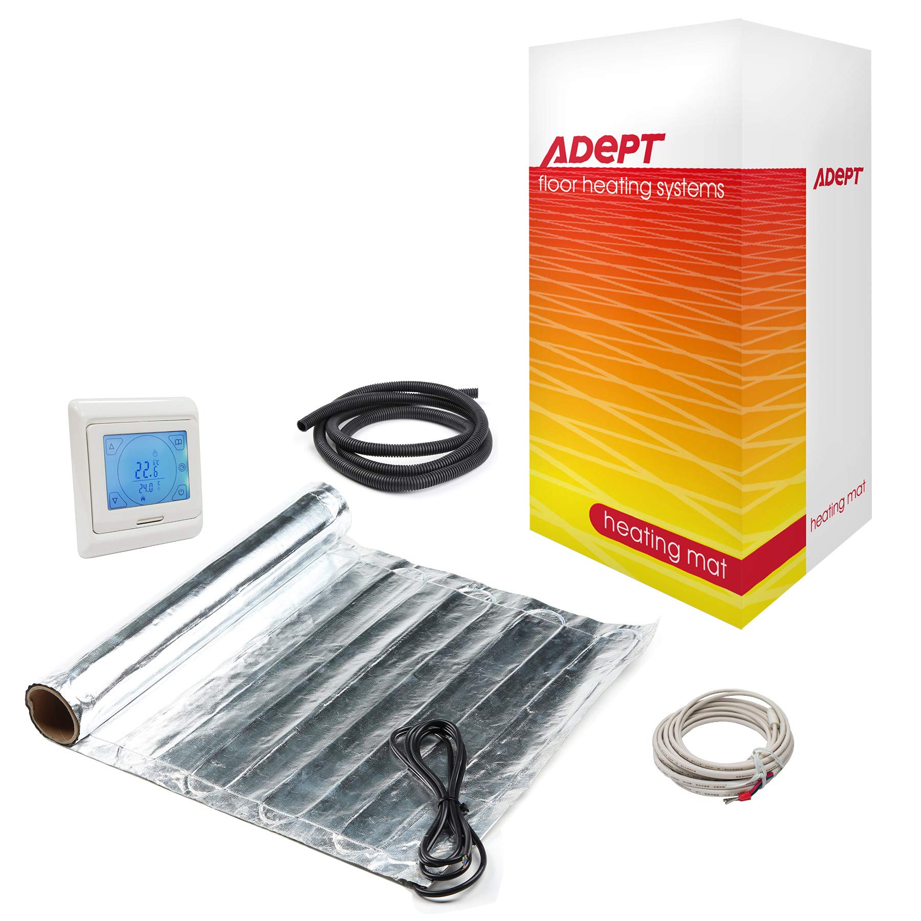 Adept White Electric Underfloor Heating Mat Kit For Laminate Or Engineered Wood Flooring - 140W/M2-8M2 With Touchscreen Programmable Thermostat