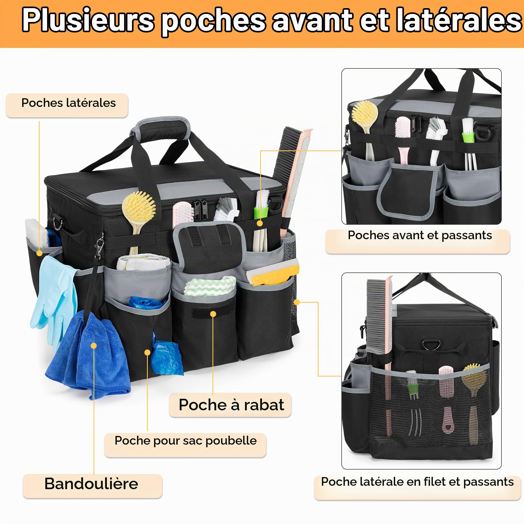 HODRANT Grand Sac de Nettoyage à roulettes, Noir | Chariot et Couvercle Amovibles, Organisateur de Produits de Nettoyage à Roulettes avec Bandoulière et Poignées
