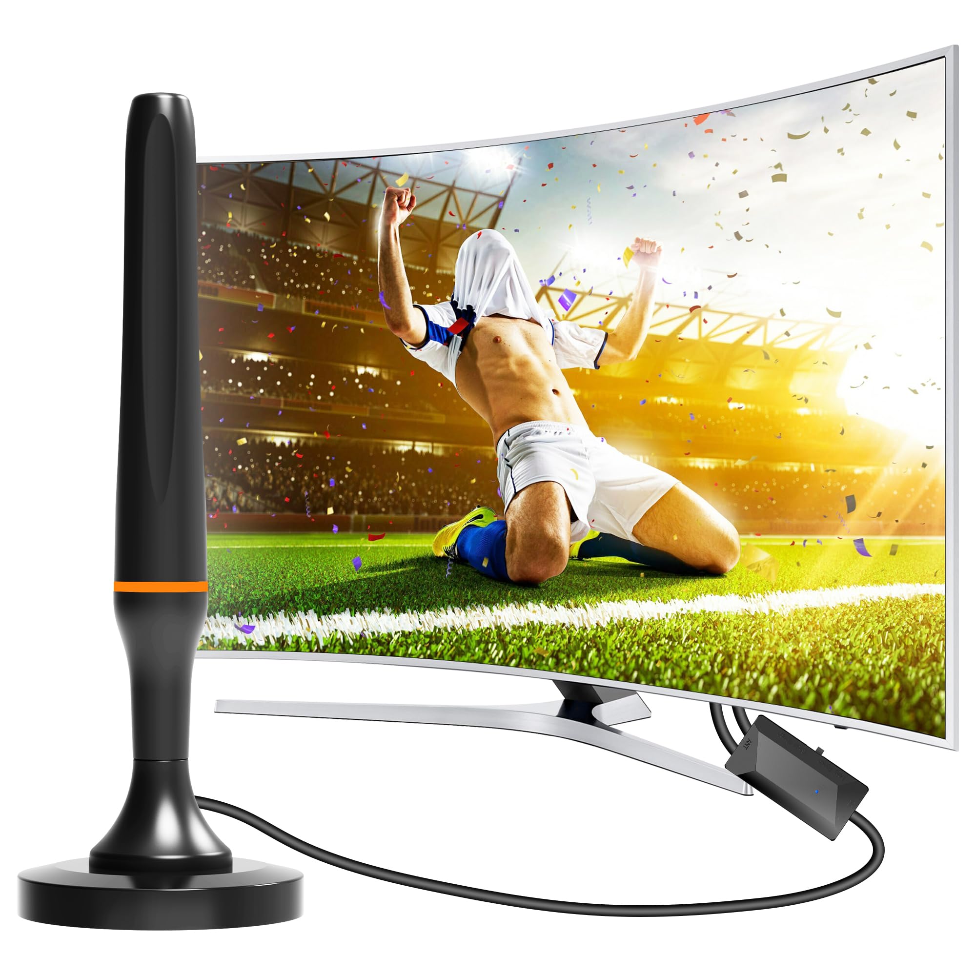 Antenne TV Intérieur Puissante, 2026 Antenne TNT Intérieur Puissante avec amplificateur, Antenne TV Intérieure Réception 360°Longue Portée 500km, Support 4K HD/1080P Les Chaînes Gratuites (Orange)