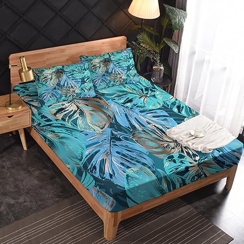 Miniatura 10 de Sábanas de crisantemo rosa para cama tamaño Queen  Sábanas de cama de hoja de Monstera dorada, microfibra suave, bolsillo profundo, sábanas y fundas