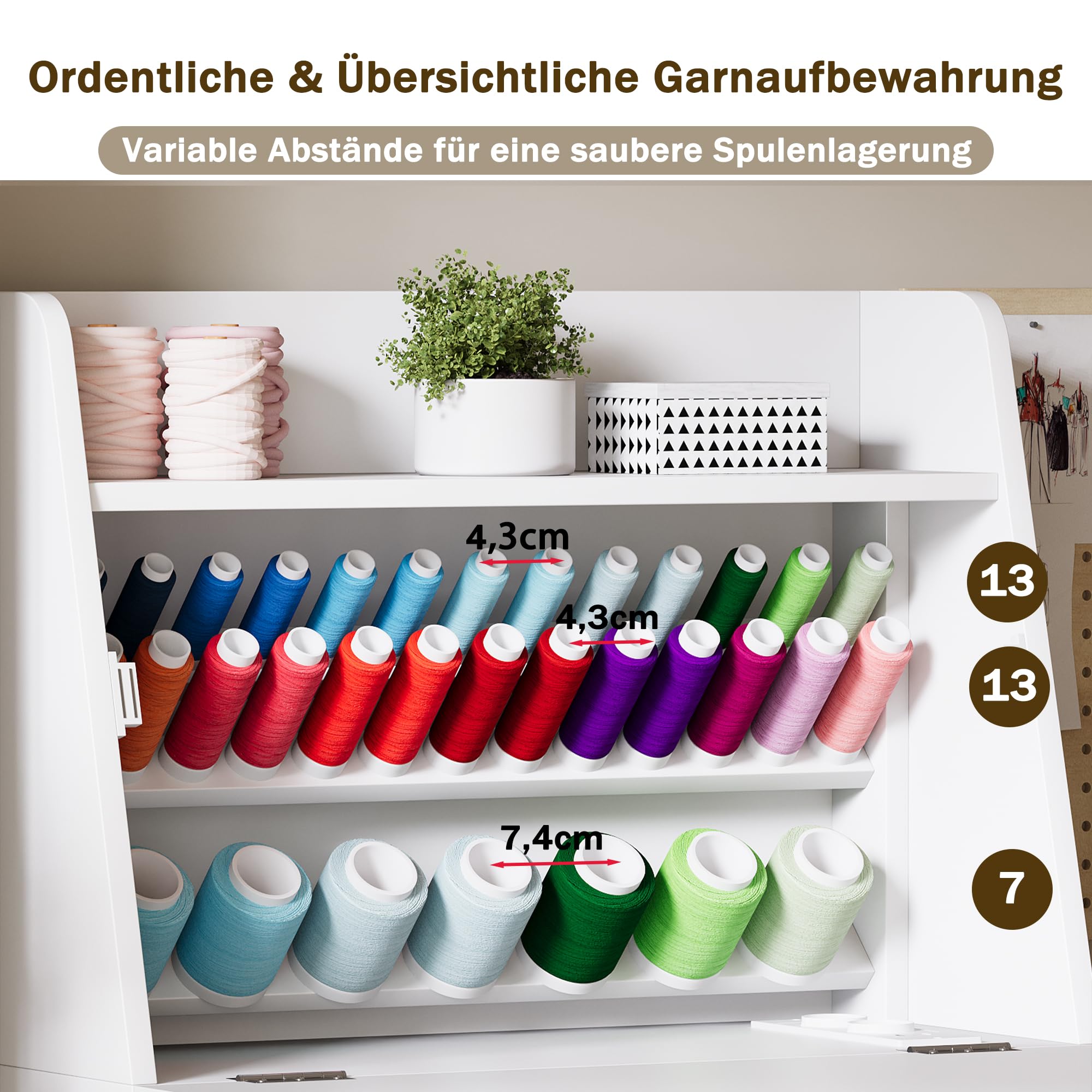 LED Nähtisch klappbar mit 33-Fach Garnhalter & 2 Steckdosen, USB+Typ-C Nähmaschinenschrank mit viel Stauraum, Mobiler Nähmaschinentisch auf Rollen, Platzsparender Basteltisch für Nähzubehör