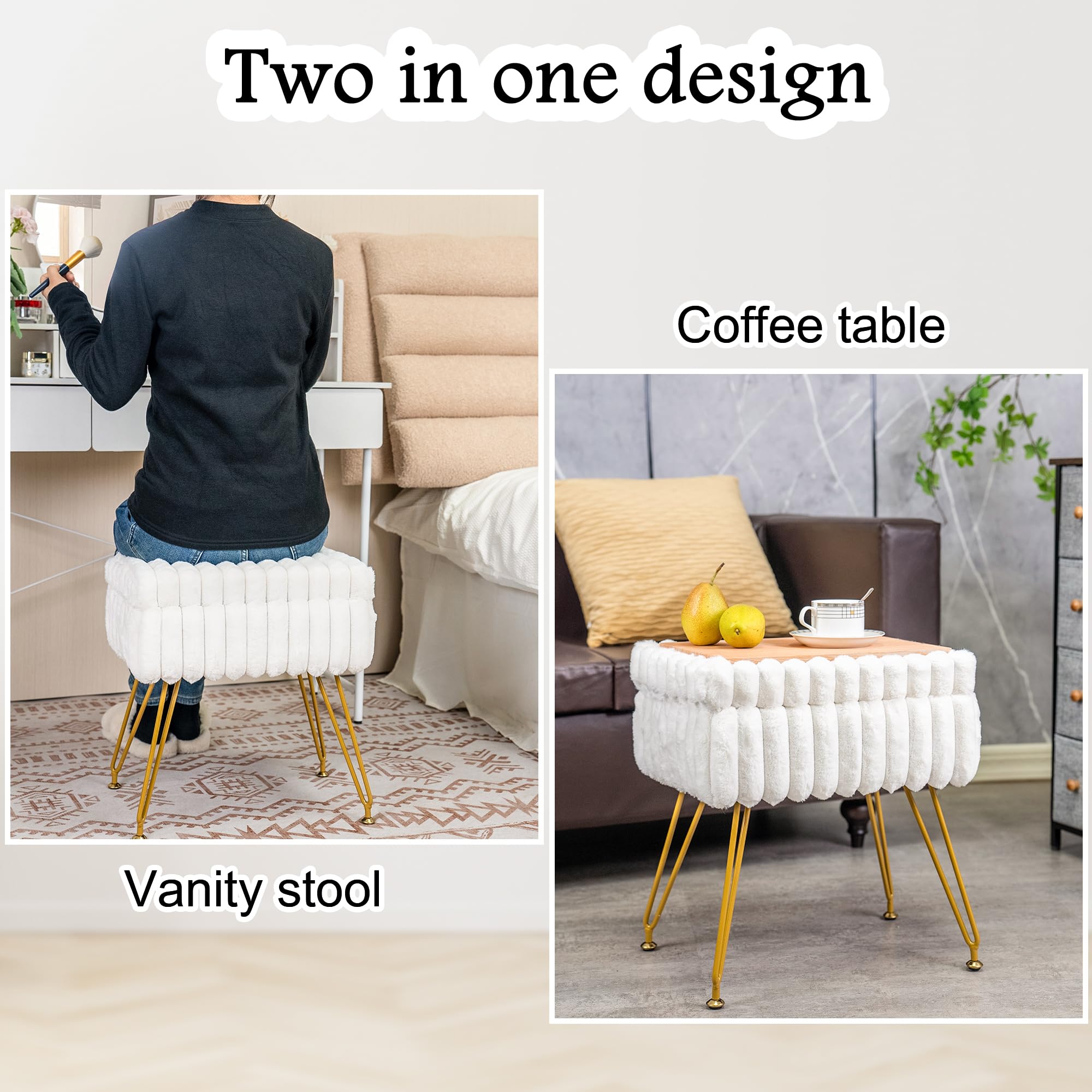 Taburete de tocador de piel sintética blanca con otomana de almacenamiento, silla de tocador para sala de maquillaje, taburetes de tocador para dormitorio, reposapiés con patas de metal y 3