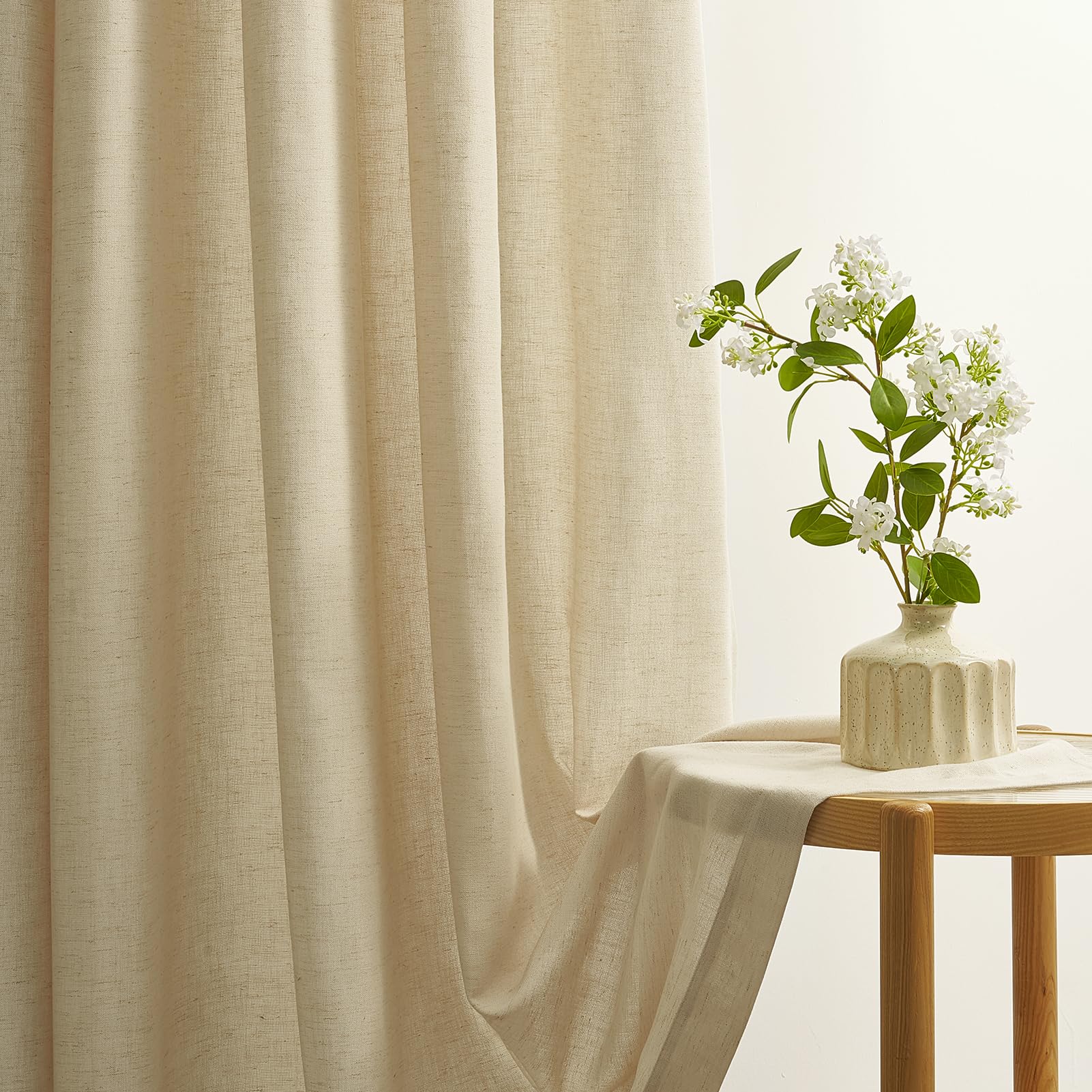 Topfinel Gardinen Beige Leinen Kinderzimmer, Ösen Halbtransparent Vorhänge H 260 x B 140 cm Leinenoptik Baumwolle Vorhang mit Schlaufen für Wohnzimmer Schlafzimmer, Modern Ösenvorhang 2er Set