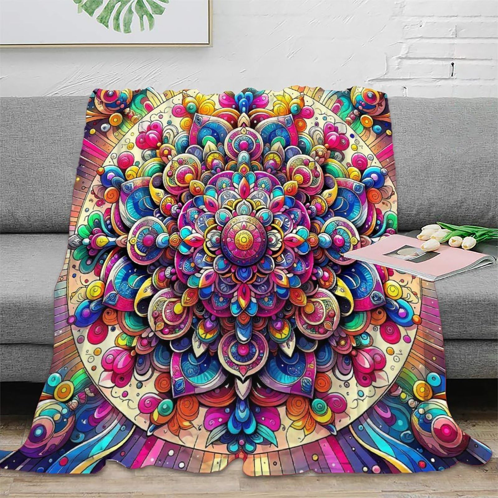 Couverture en peluche mandala 180x200cm fleur imprimée 3D en microfibre douce et chaude pour lit