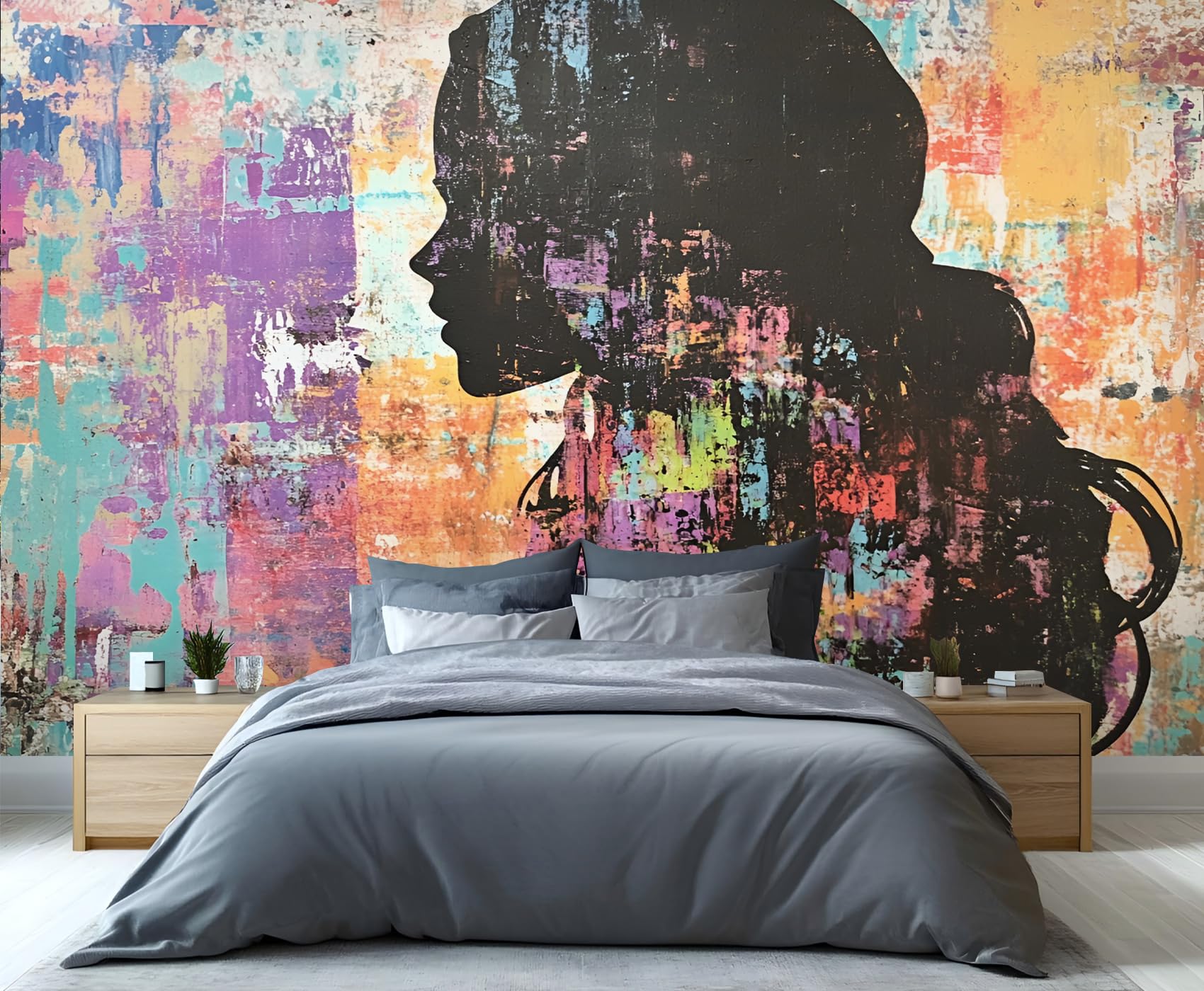 YXQAIED Graffiti Wallpaper, City Streets Bedroom Wall Paper, Not Self Adhesive Girl Silhouette Wallpaper for Living Room, Long-Haired Girls 3D Large Mural & Home Decor Poster, 400x280cm