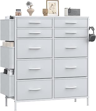 Feonase Tall Chest of Drawers, 10 Fabric Drawers Dresser with 3 Side Pockets & Hooks, Metal Frame, MDF Top Board, Versatile Organizer Storage Unit for Bedroom, Living Room, White