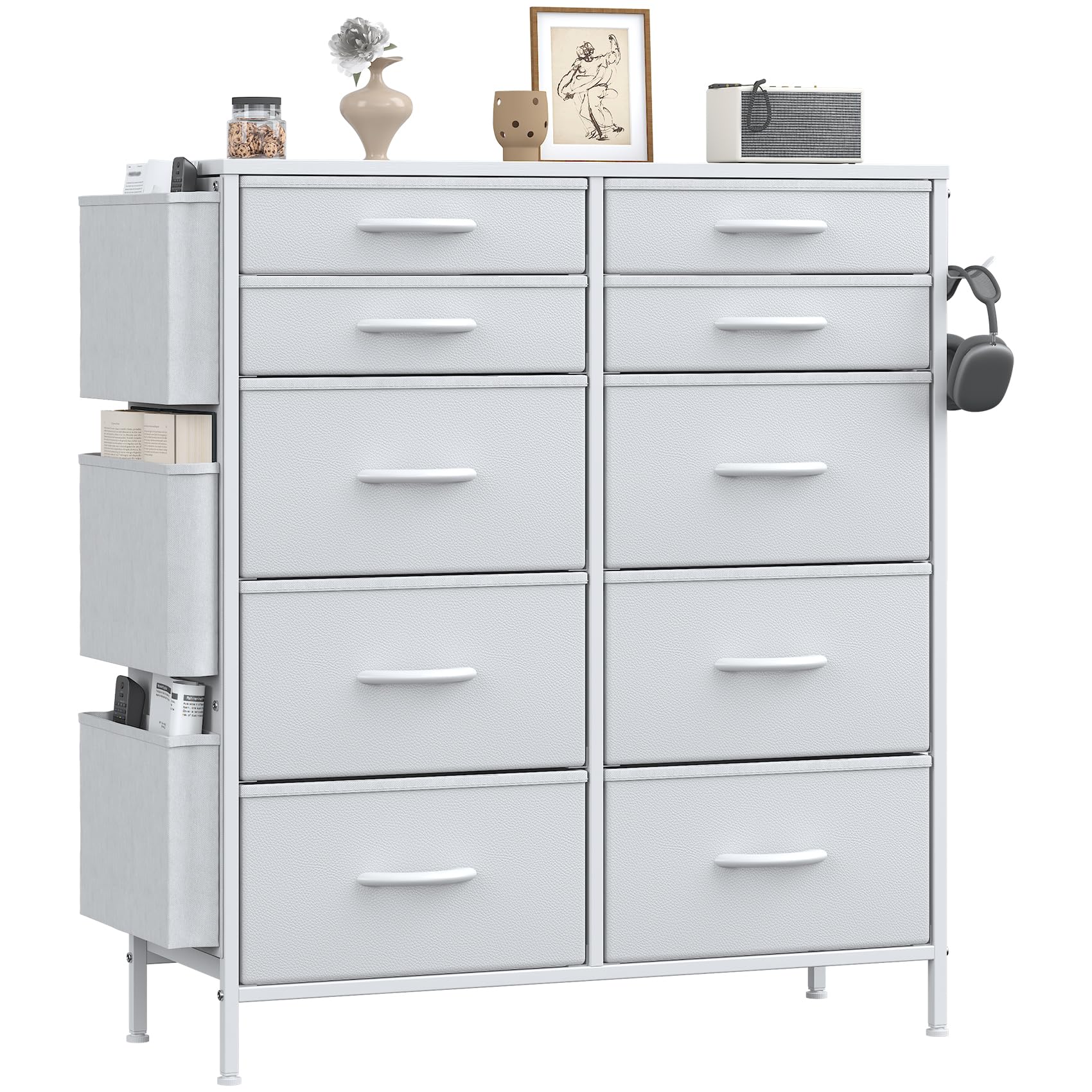 Feonase Tall Chest of Drawers, 10 Fabric Drawers Dresser with 3 Side Pockets & Hooks, Metal Frame, MDF Top Board, Versatile Organizer Storage Unit for Bedroom, Living Room, White
