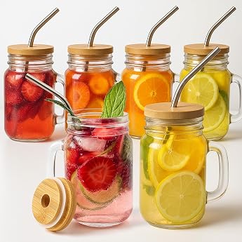 OAMCEG Pack of 6 Glass with Lid and Straw - 480 ml Glass Cups with Handle and Wooden Lid - Reusable Mason Jar Glasses for Juice Iced Coffee Matcha Smoothies Children & Gift