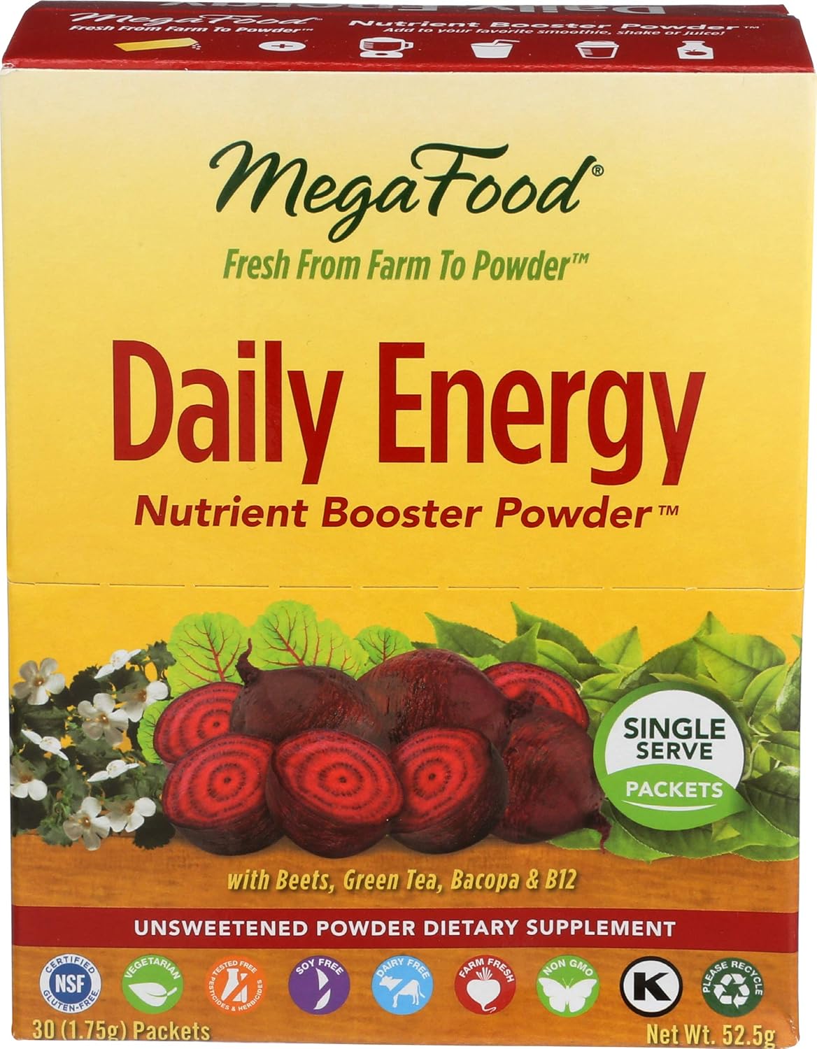 MegaFood, Daily Energy Booster Powder Singles, Supports