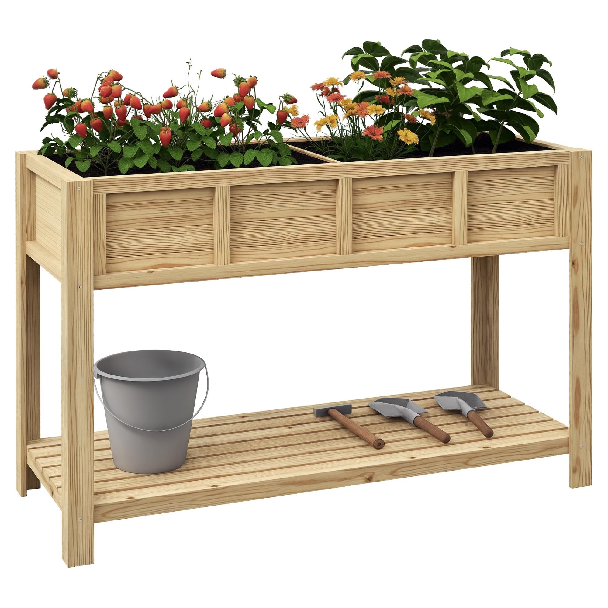 Outsunny Letto per Orto Rialzato a 2 Scomparti e Mensola Inferiore a Doghe, Fioriera Rialzata da Esterno in Abete con 2 Fori di Drenaggio, 115x46x75 cm, Color Legno