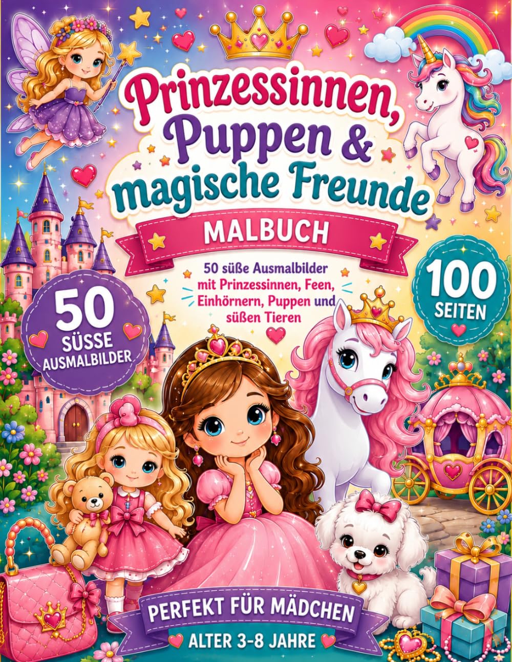 Prinzessinnen,Puppen & magische Freunde: 50 Zauberhafte Ausmalbilder voller Prinzessinnen, Feen, Einhörner und magischer Abenteuer – Perfekt für Mädchen von 3–8 Jahren!