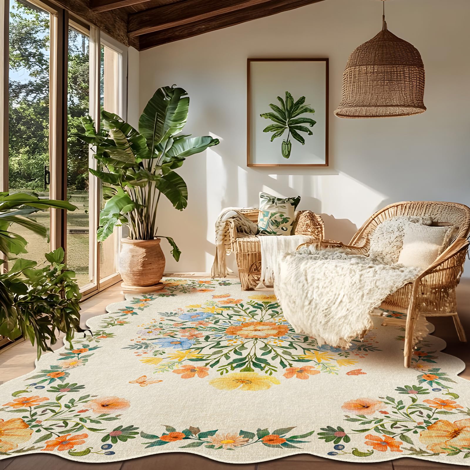 Tapis bohème, lavable, 200 x 300 cm, grand tapis de salon, à poils courts, design vintage oriental, doux, antidérapant, pour chambre à coucher, salle à manger, cuisine, bord ondulé, beige