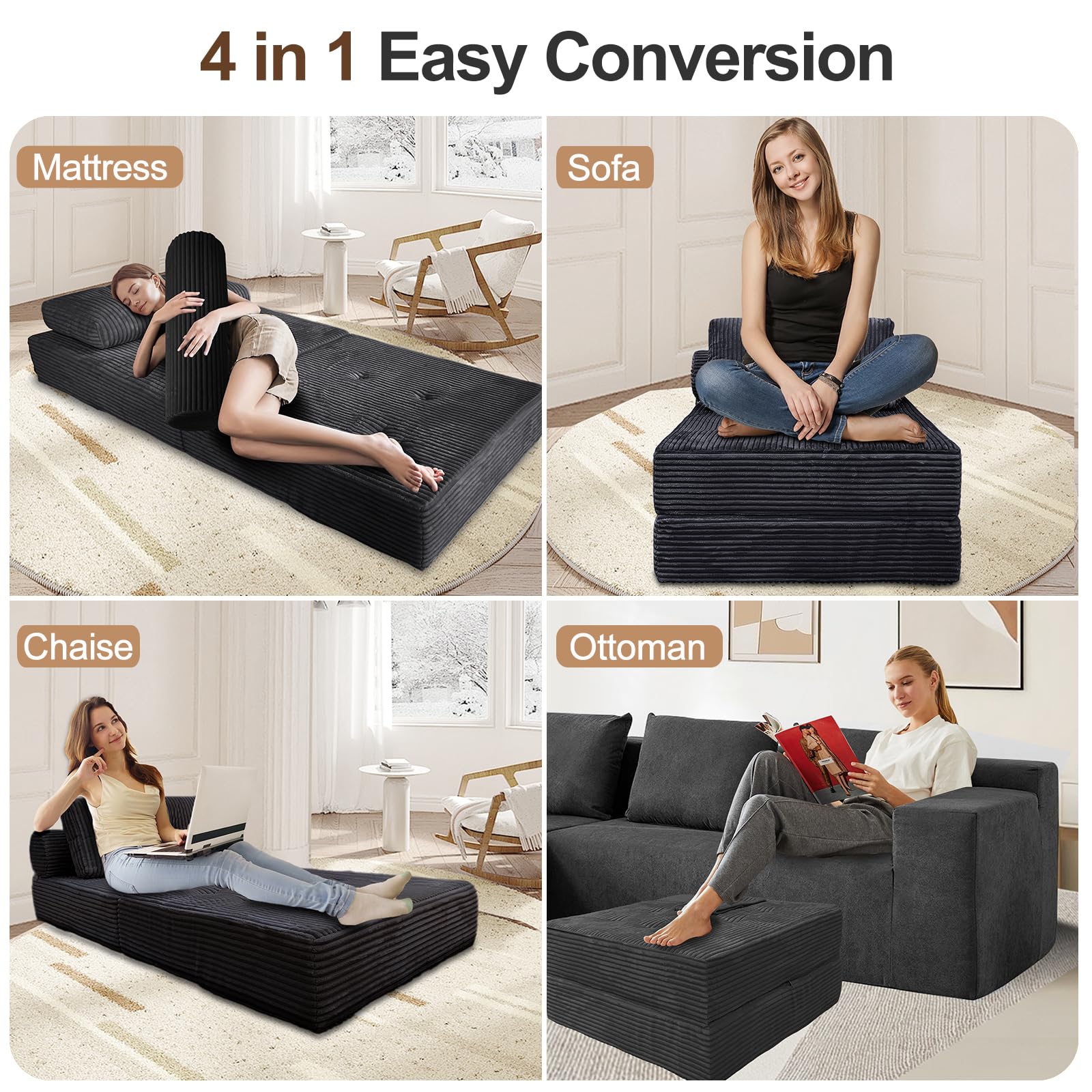 Nigoone Folding Sofa Bed Futon, Supportive Sleeper Chair with Pillow, Comfy Corduroy Floor Couch, Versatile Convertible Mattress for Bedroom/Living Room/Guest/Office, Dark Grey